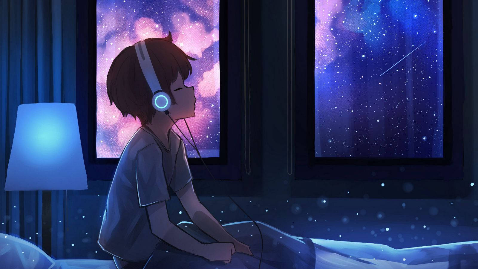 anime boy, headphones, starry purple and blue night sky, HD Desktop Wallpaper