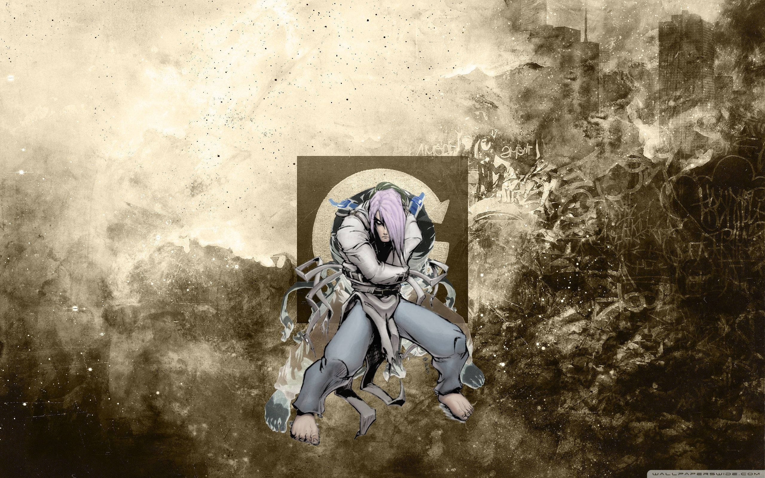 anime ninja boy, purple hair, mechanical limbs, 2K Desktop Wallpaper