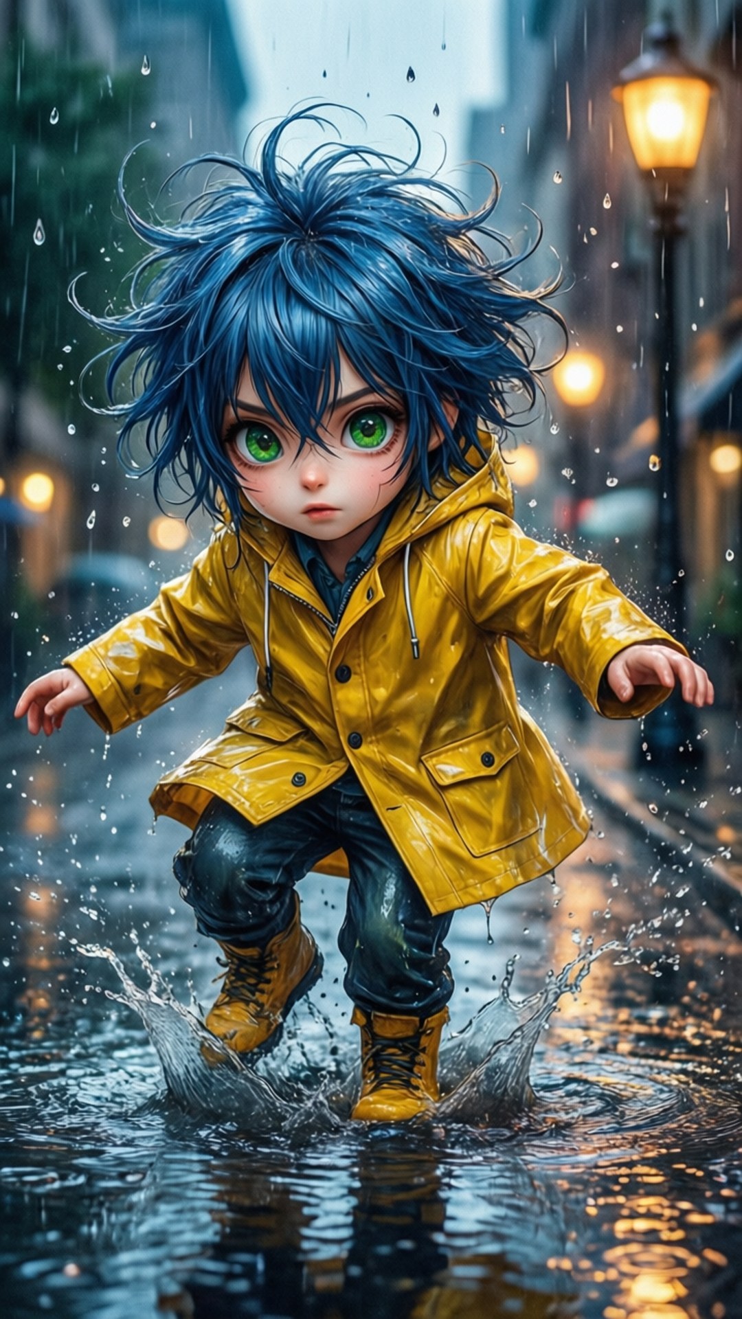 chibi-style child, blue hair, green eyes, Full HD Phone Wallpaper