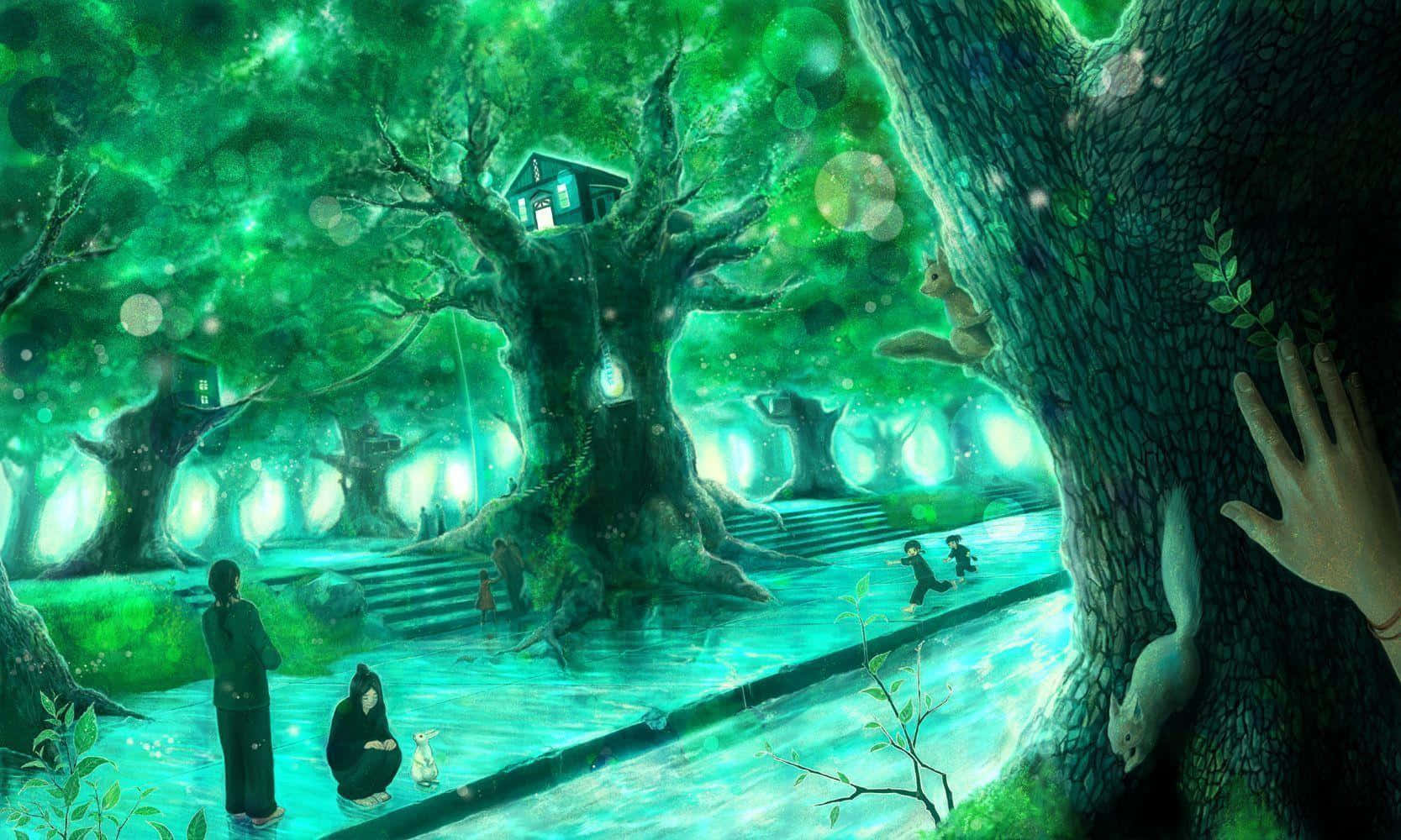 emerald forest, giant trees, houses, HD Desktop Wallpaper