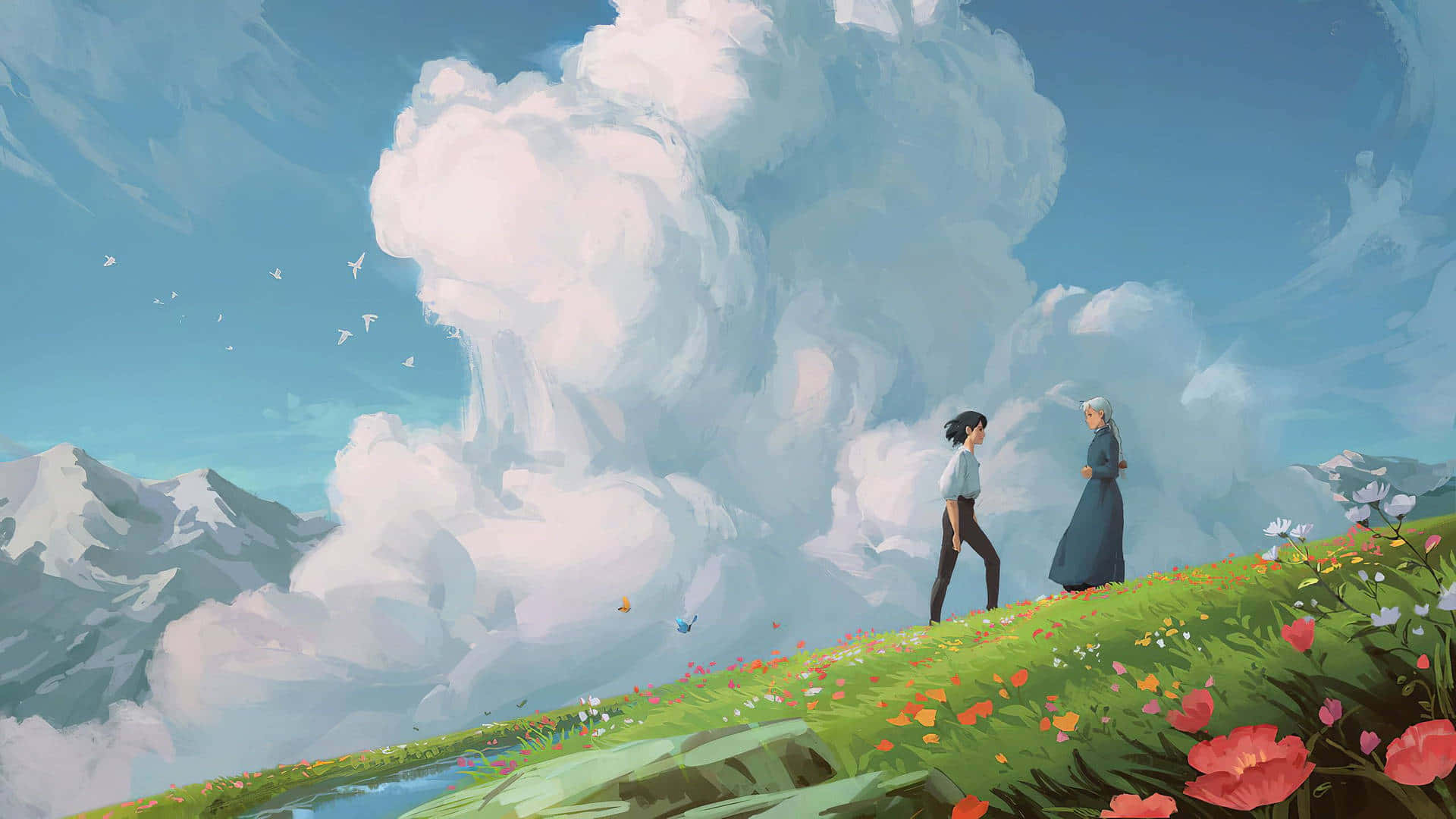 Aesthetic Ghibli, vibrant meadow, wildflowers, Full HD Desktop Wallpaper