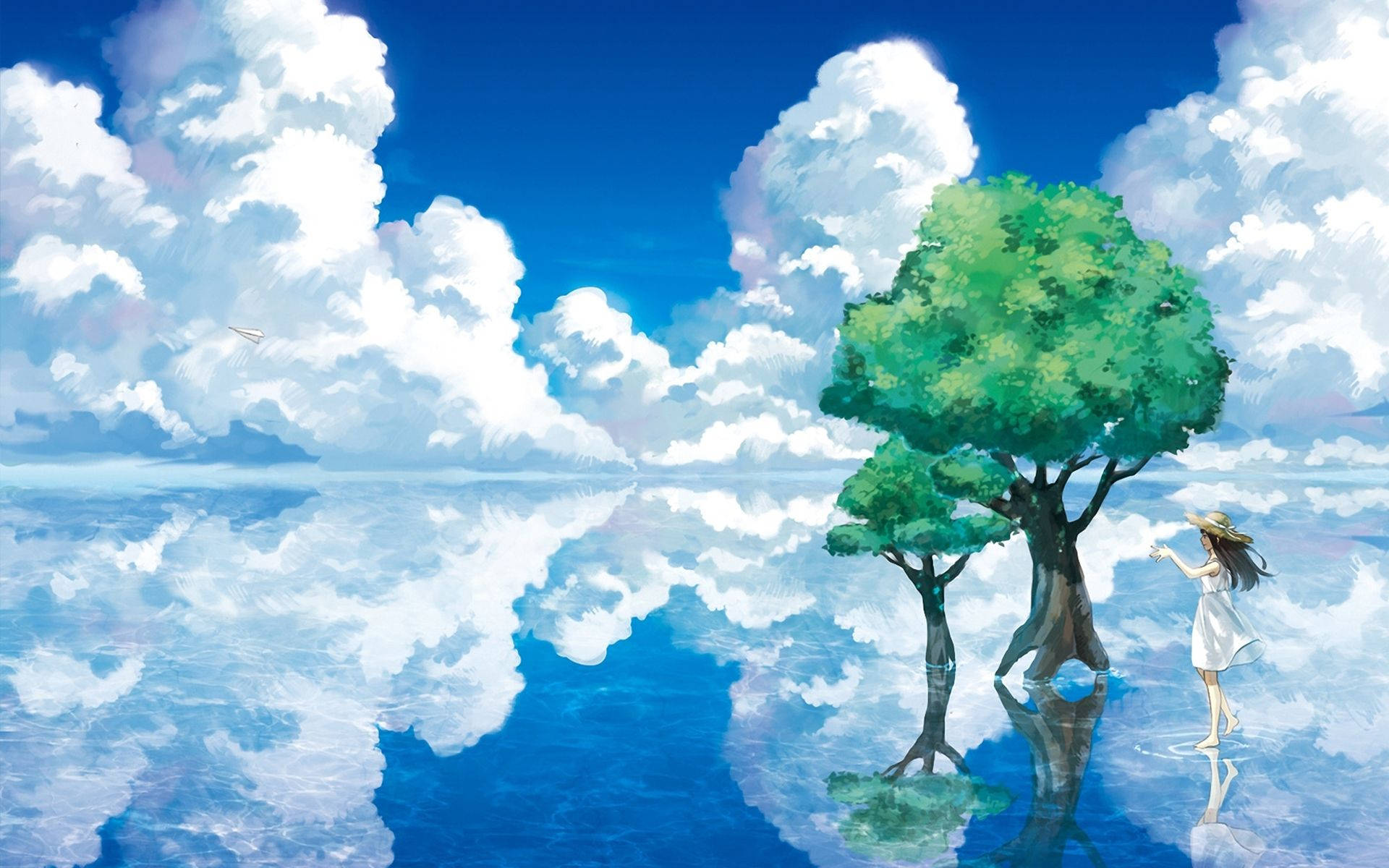 anime landscape, mirroring lake, girl in a white dress, Full HD Desktop Wallpaper