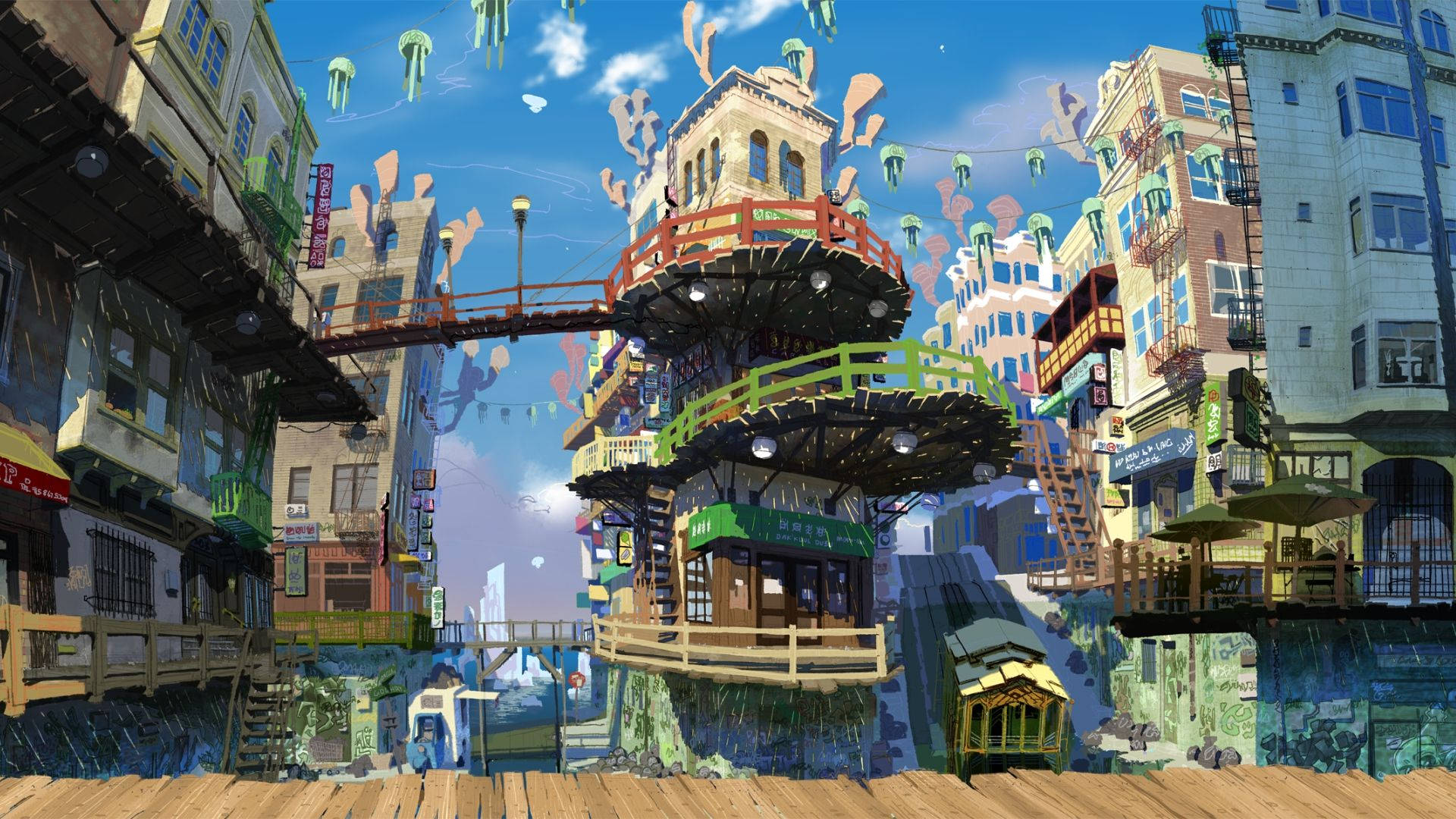 floating cityscape, colorful buildings, bridges, Full HD Desktop Wallpaper