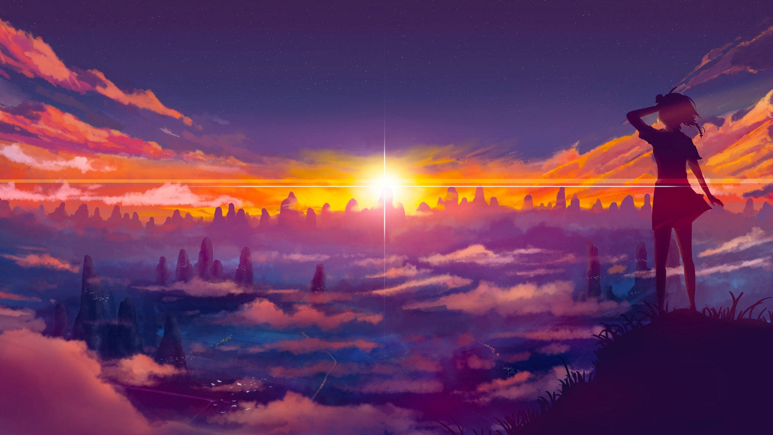Anime Girl, Cloudy Sunset, Cliff, 2K Desktop Wallpaper