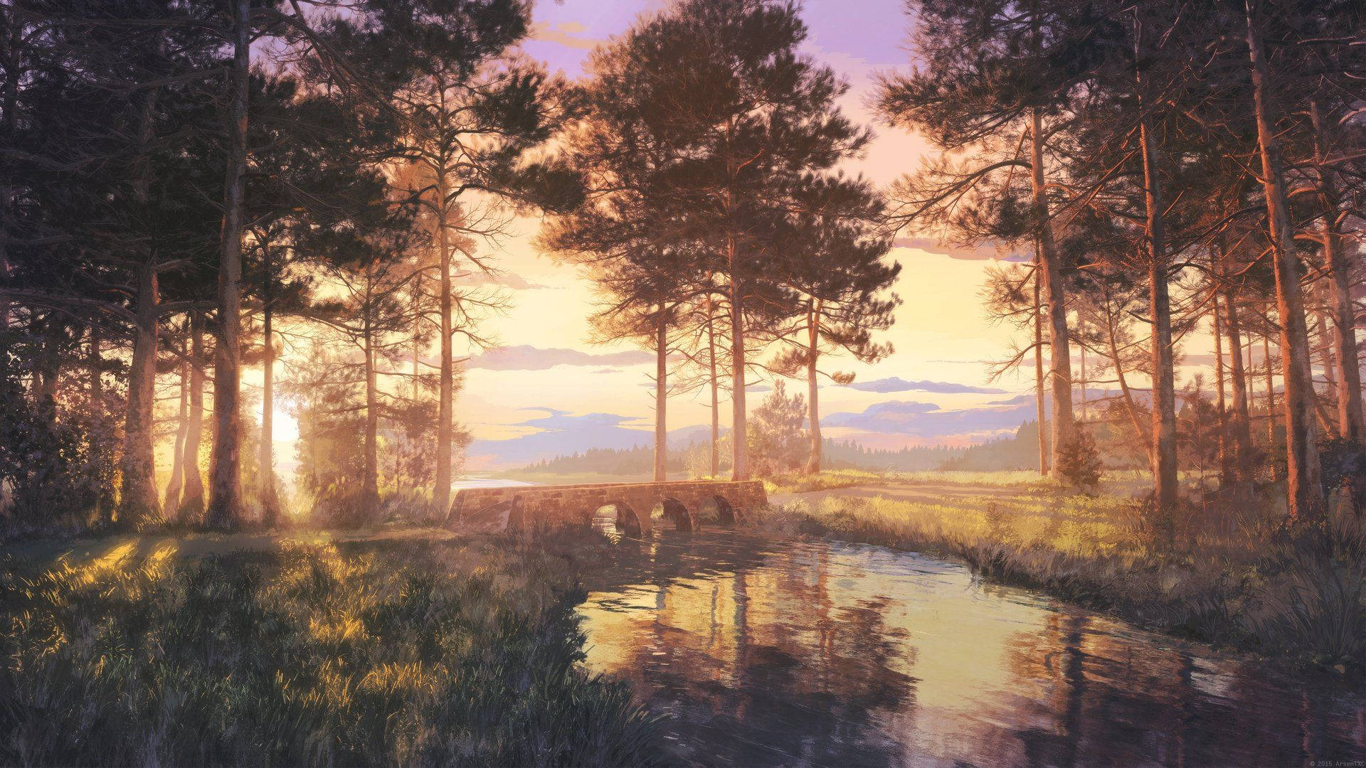 Anime Landscape, pine trees, sunlight, Full HD Desktop Wallpaper