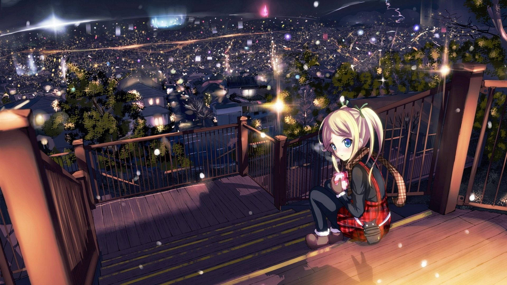 Anime Landscape, cityscape, wooden balcony, Full HD Desktop Wallpaper