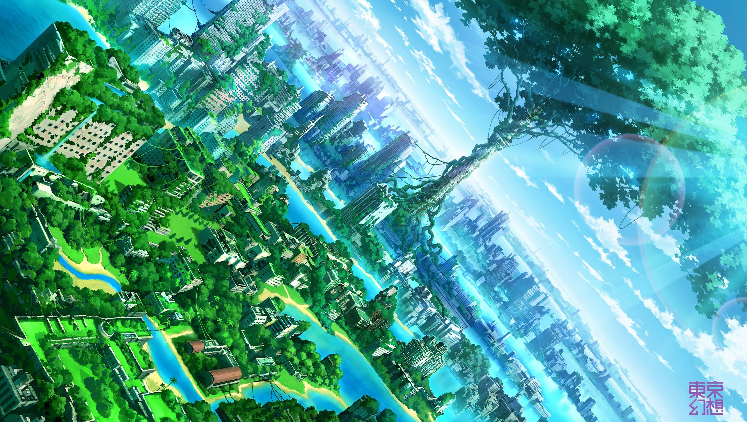 Anime Landscape, foliage, city, 2K Desktop Wallpaper