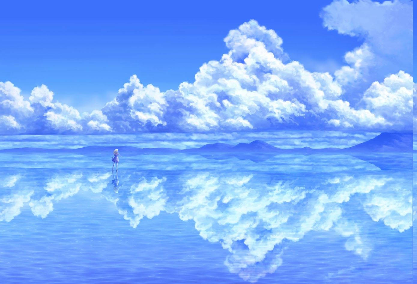 Anime Landscape, sea of clouds, lone anime girl, HD Desktop Wallpaper