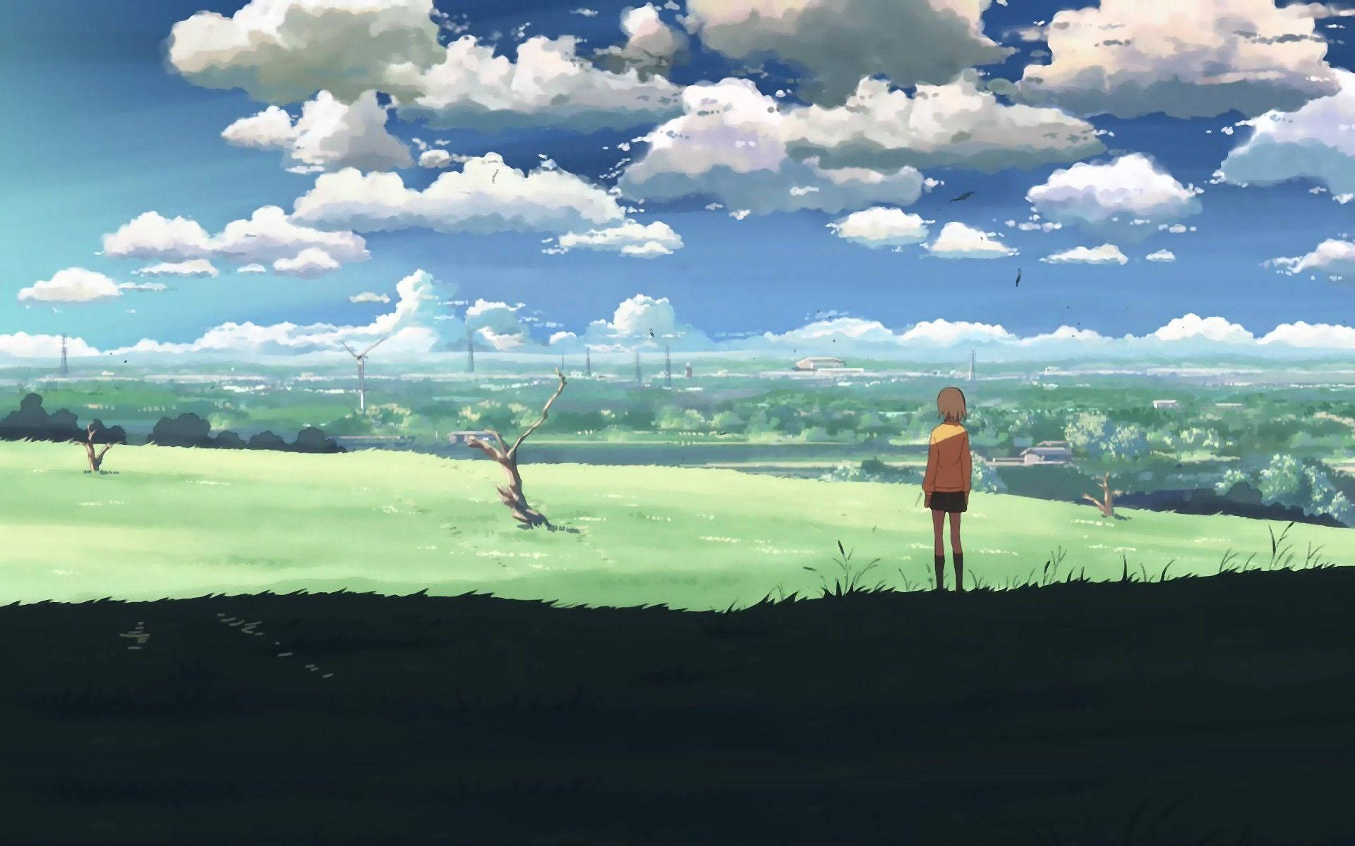 anime girl, orange jacket, grassy hill, Full HD Desktop Wallpaper