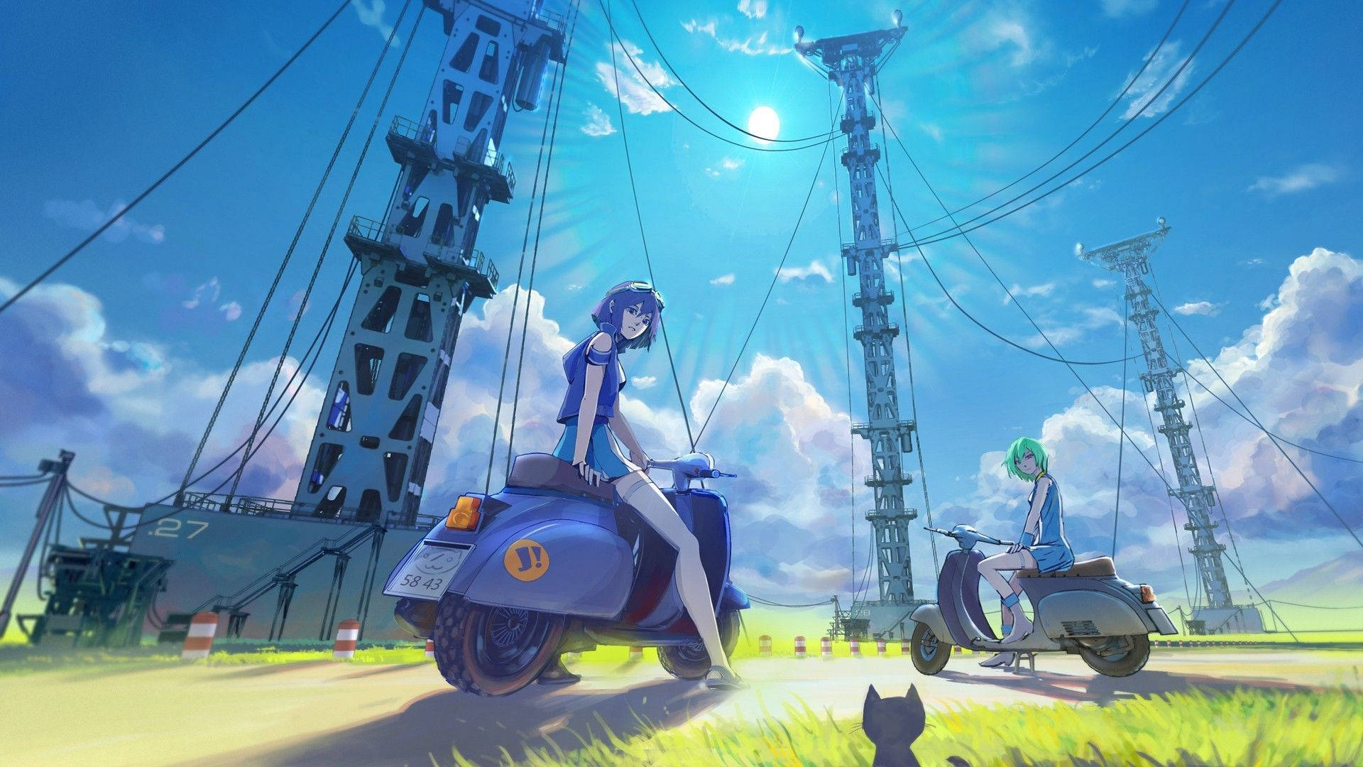 Anime Landscape, power lines, scooters, Full HD Desktop Wallpaper