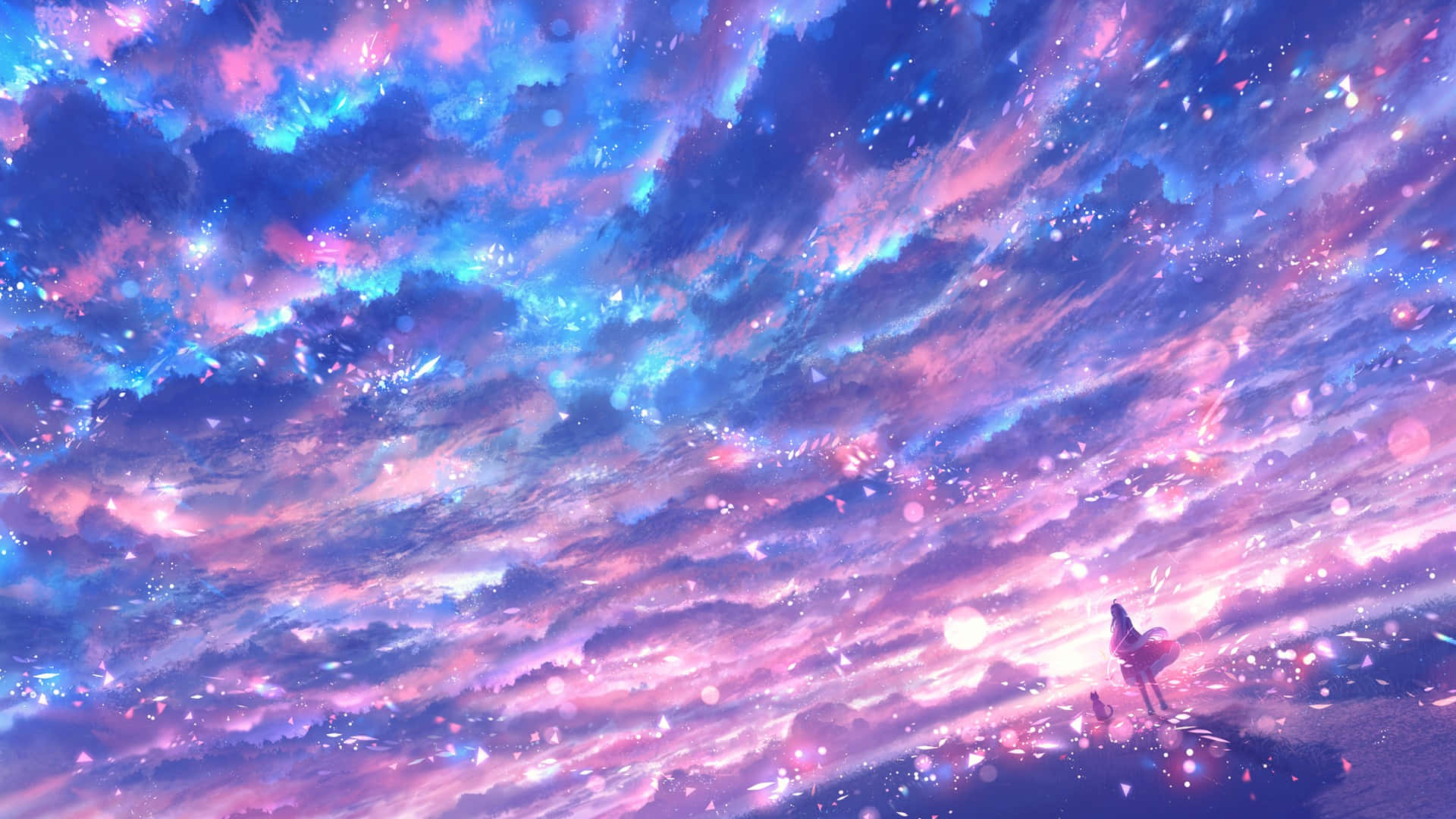 surreal sky, swirling pink and blue clouds, cosmic sparkles, Full HD Desktop Wallpaper
