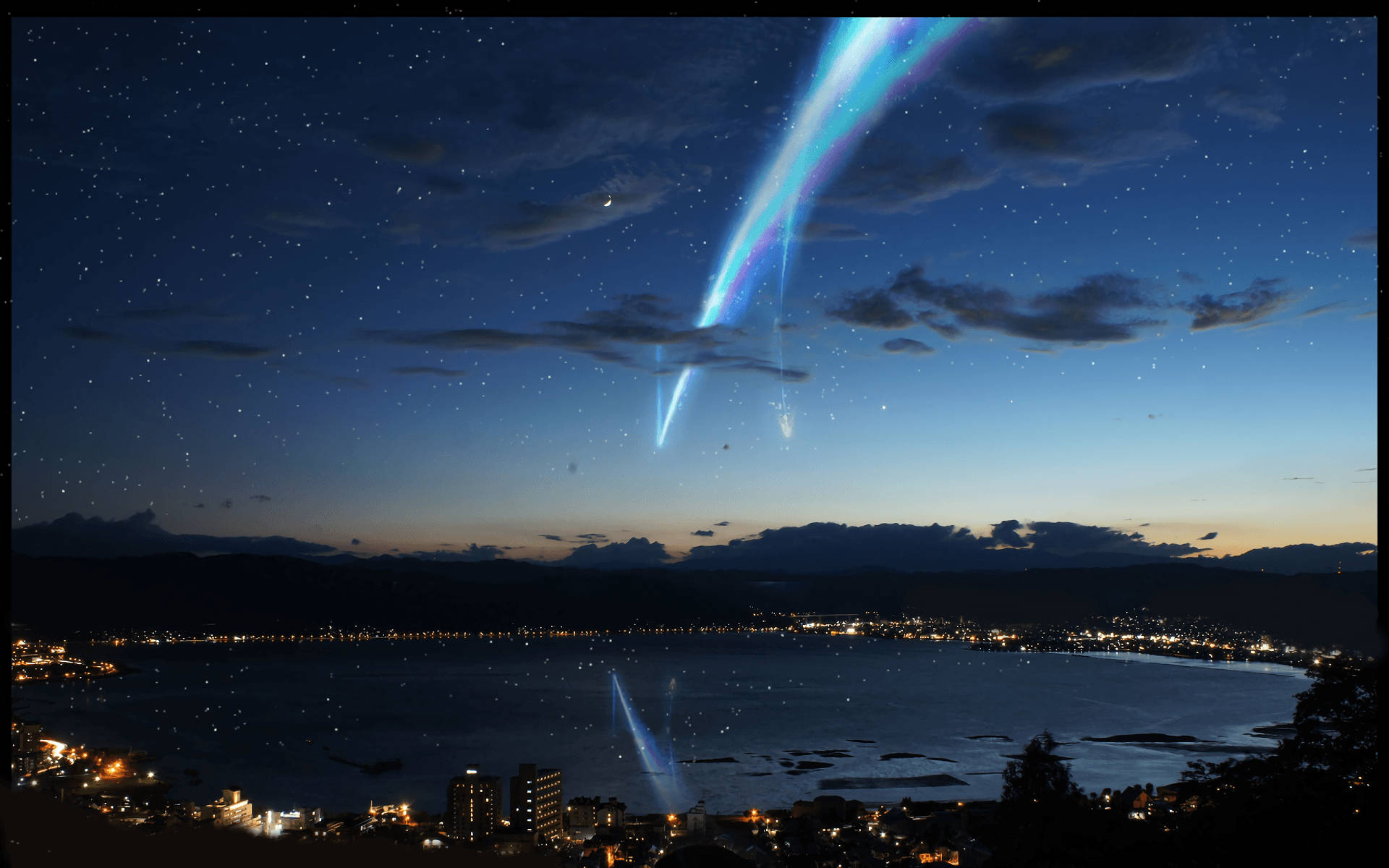 dark night sky, anime landscape, dazzling blue aurora, Full HD Desktop Wallpaper