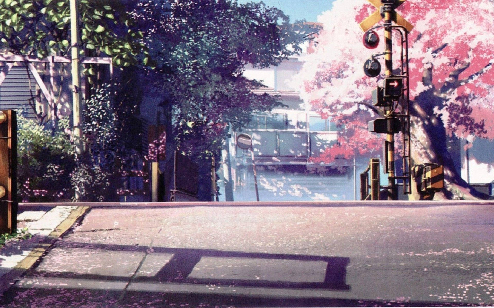 Anime Landscape, cherry blossoms, railroad crossing, Full HD Desktop Wallpaper
