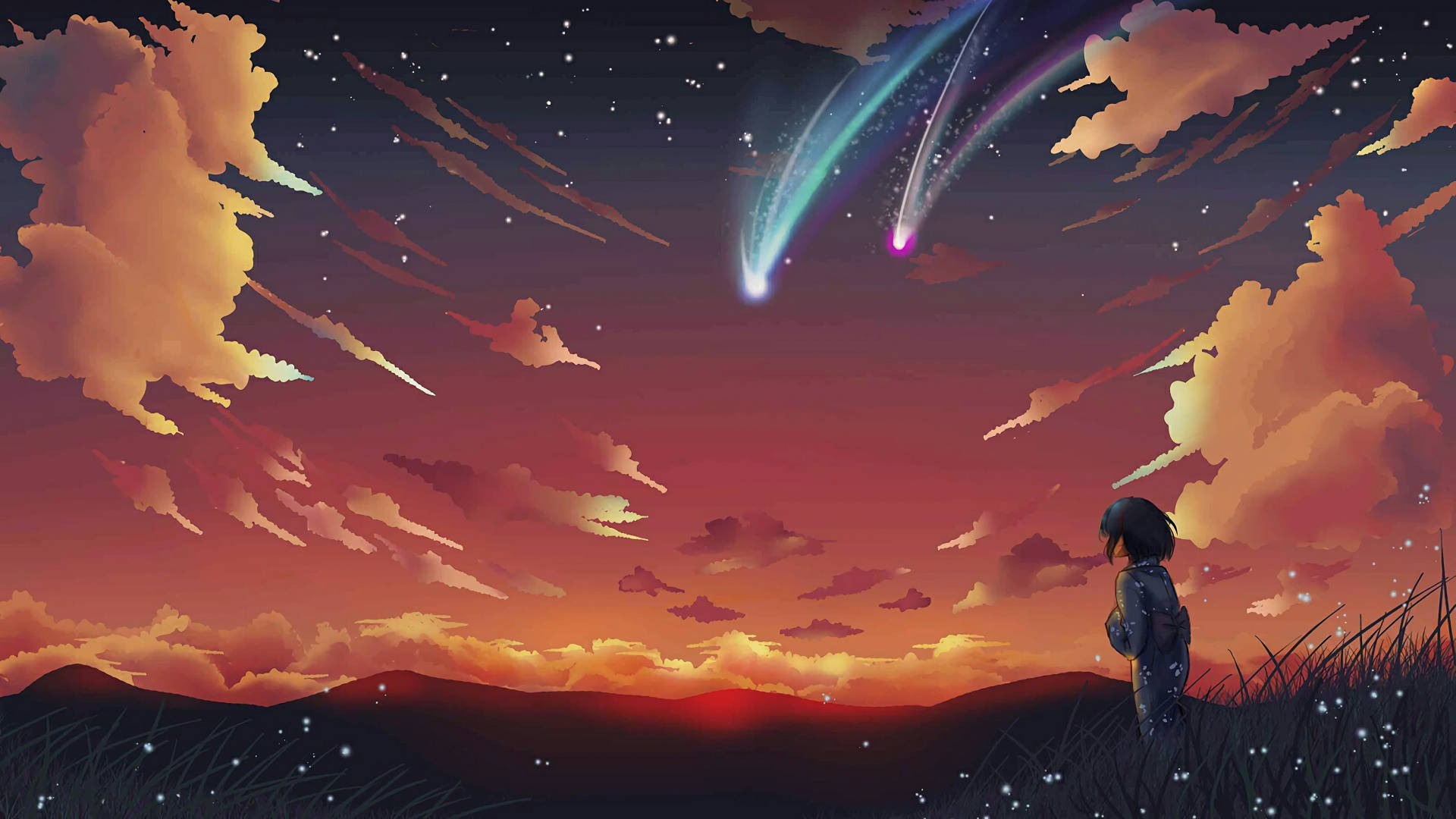 Anime Landscape, shooting stars, twilight sky, Full HD Desktop Wallpaper