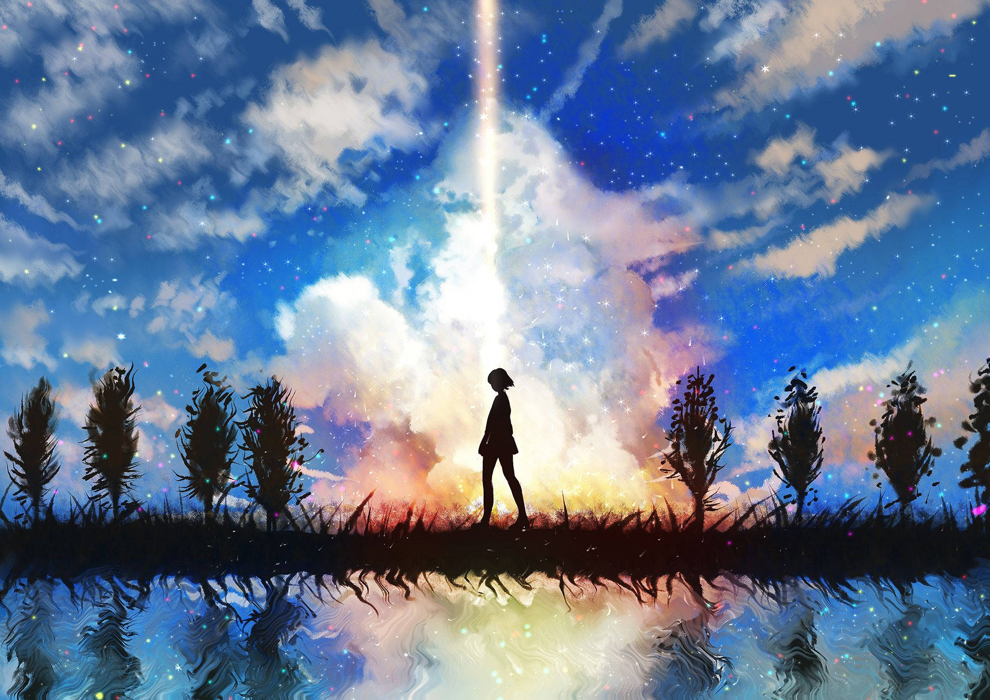 Anime Landscape, sky of stars, twilight, Full HD Desktop Wallpaper