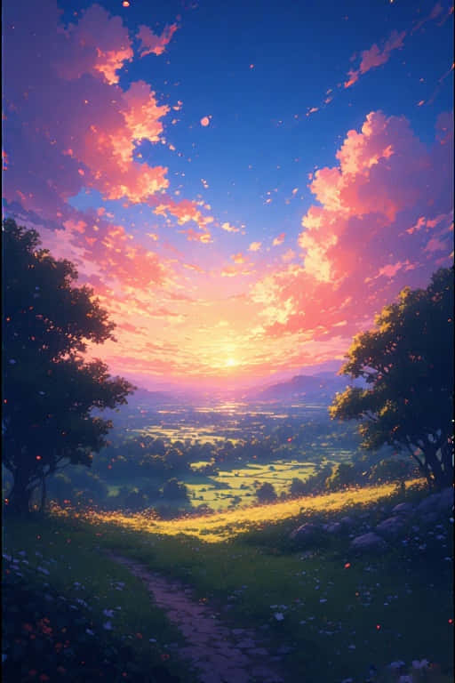 anime, sunset, rural scenery, SD Phone Wallpaper