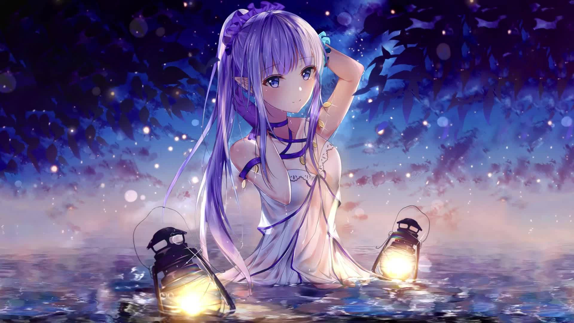Anime Live, purple-haired anime girl, lantern, Full HD Desktop Wallpaper