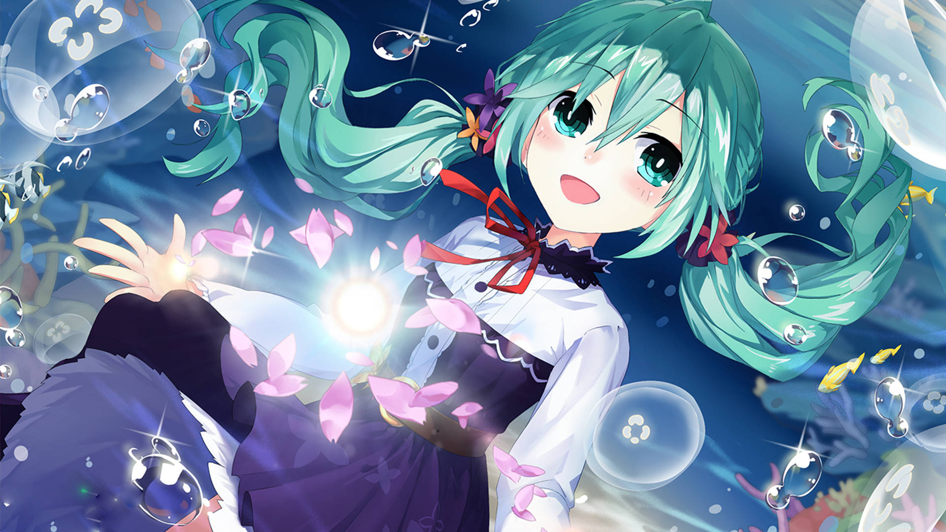Anime Live, teal hair, red bow, Full HD Desktop Wallpaper