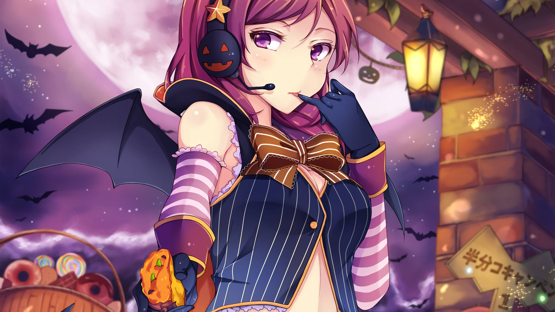 Anime Live, purple-haired anime girl, Halloween witch outfit, Full HD Desktop Wallpaper