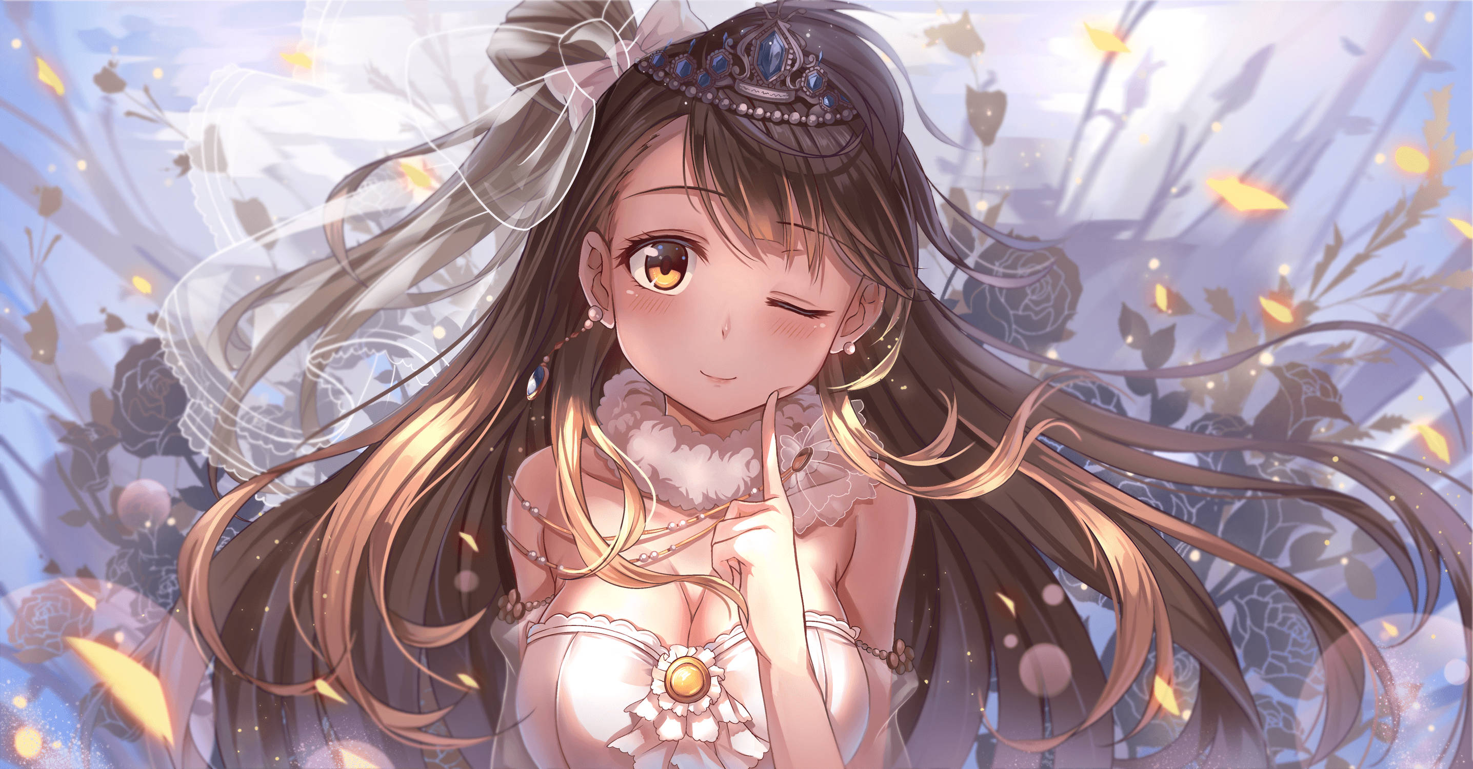 Anime Live, winking lady, long brown hair, 2K Desktop Wallpaper