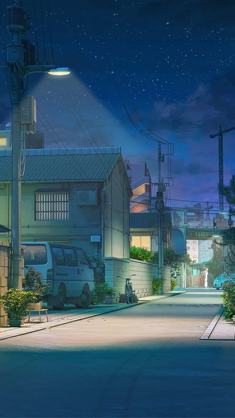 Urban Community Night Anime Scenery, blue light, streetlamp, HD Phone Wallpaper