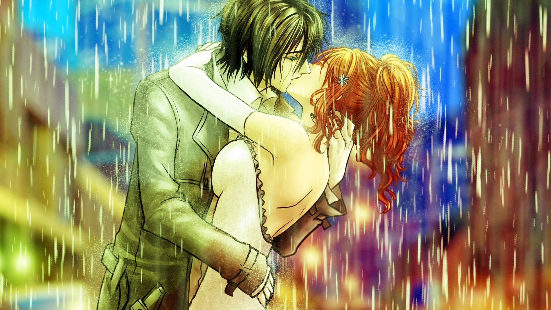 Anime, passionate kissing, falling rain, Full HD Desktop Wallpaper