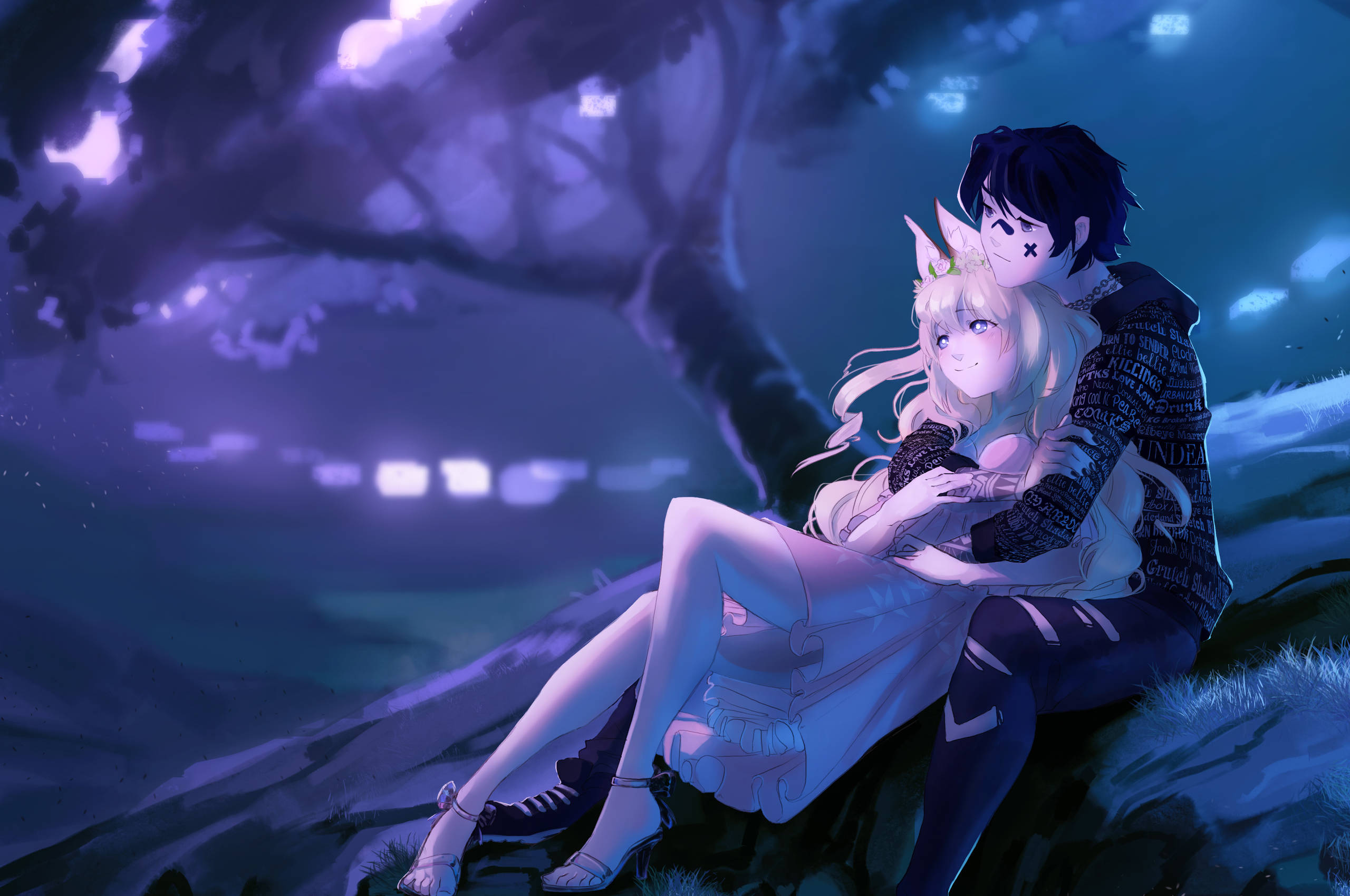 anime couple, glowing purple tree, night, 2K Desktop Wallpaper