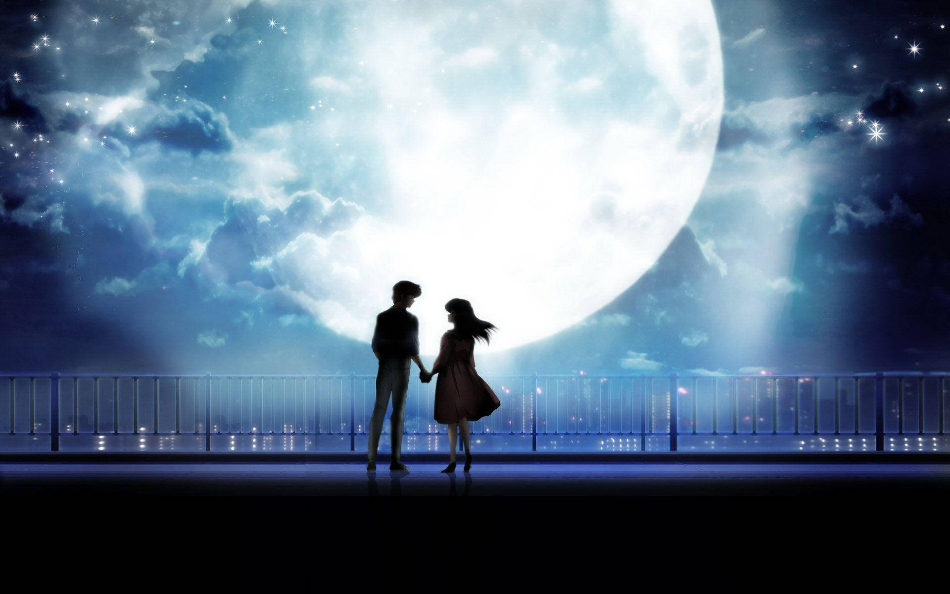 Anime Love, big full moon, starry night sky, Full HD Desktop Wallpaper