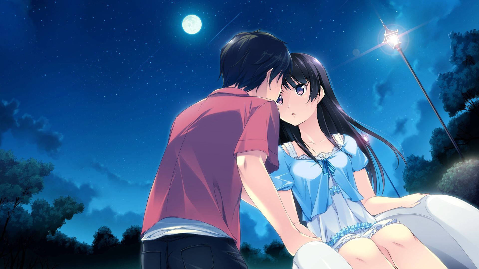 Anime Love, City Night Lights, moonlit sky, Full HD Desktop Wallpaper