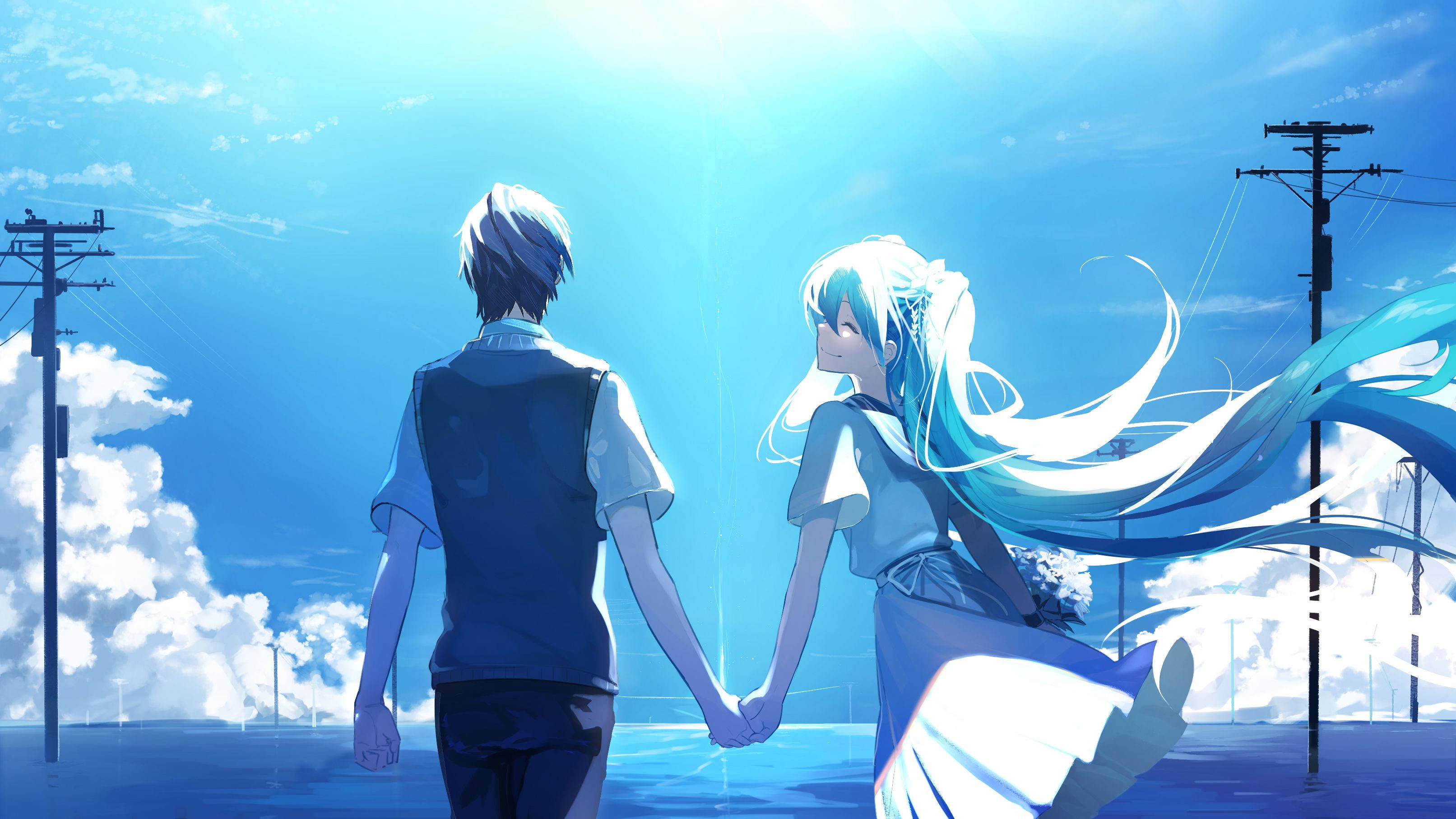 Anime Love, couple holding hands, bright blue sky, 2K Desktop Wallpaper