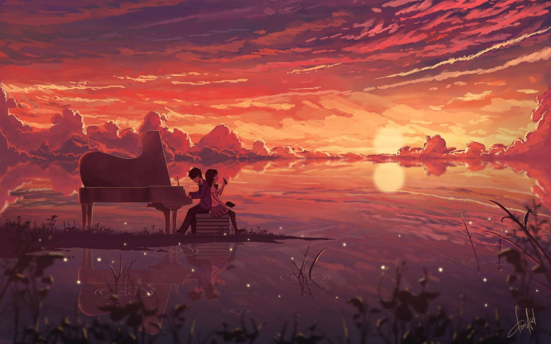 Anime Love, pianist, sunset, Full HD Desktop Wallpaper