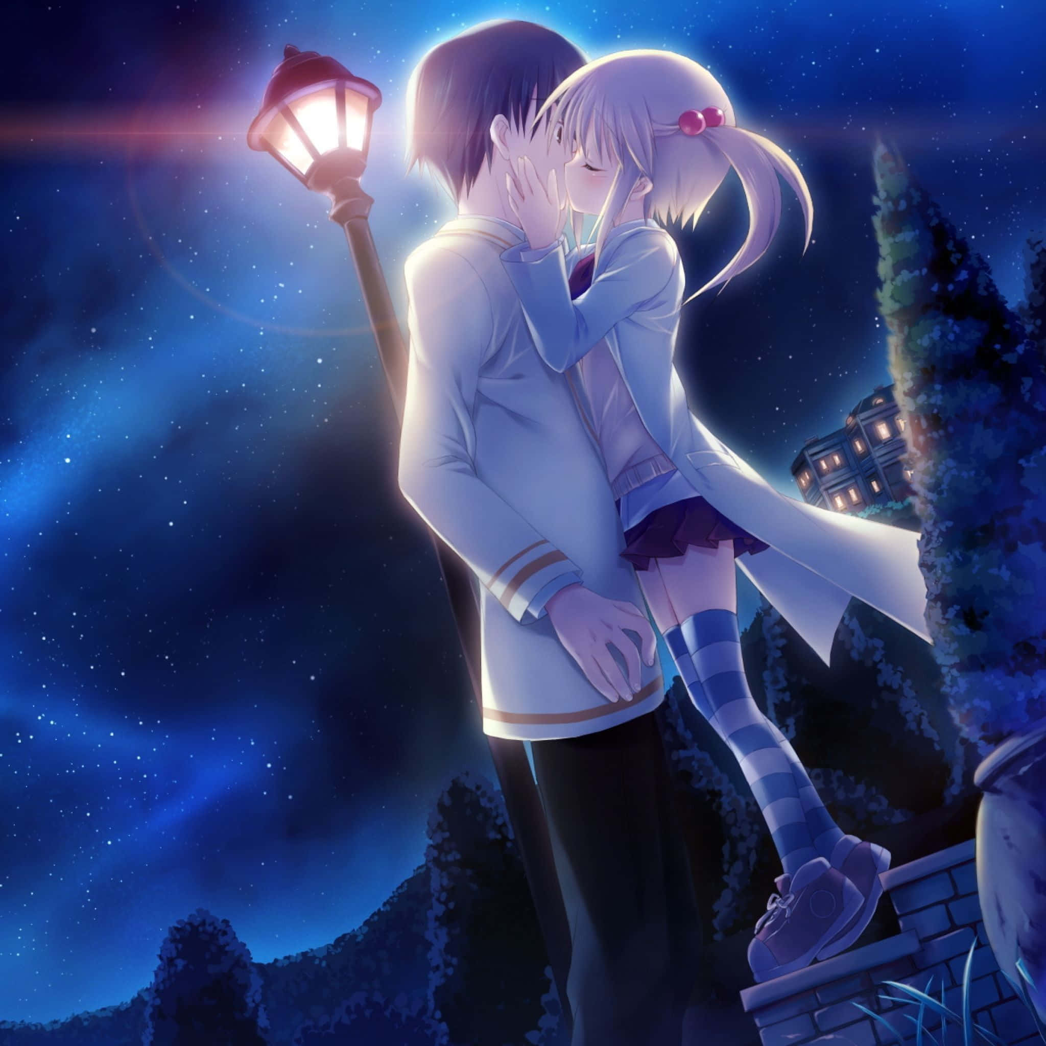Anime Love, light love kiss, glowing streetlamp, Full HD Desktop Wallpaper