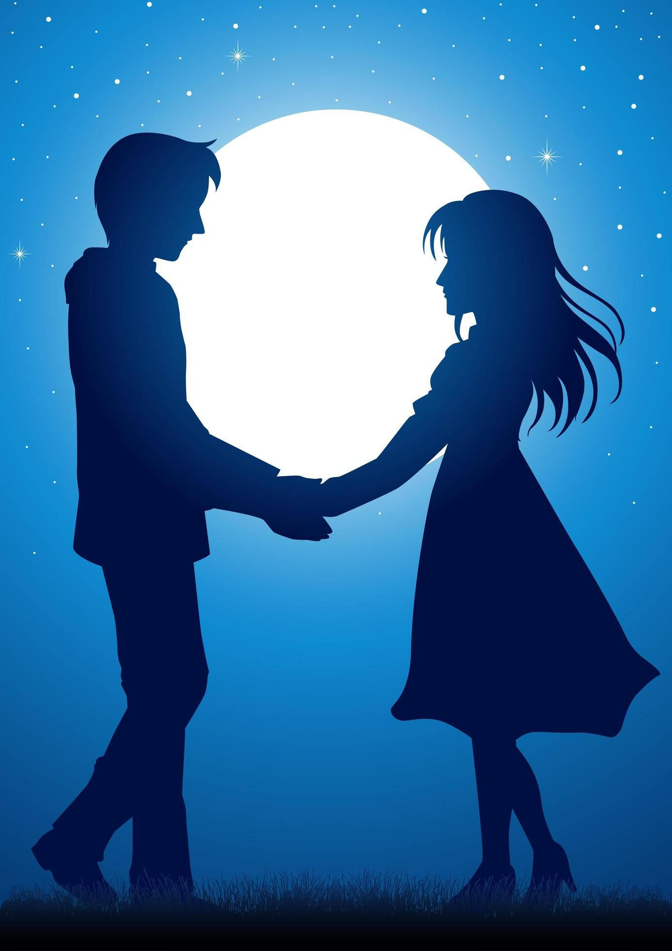 silhouetted couple, full moon, starry blue night sky, Full HD Phone Wallpaper