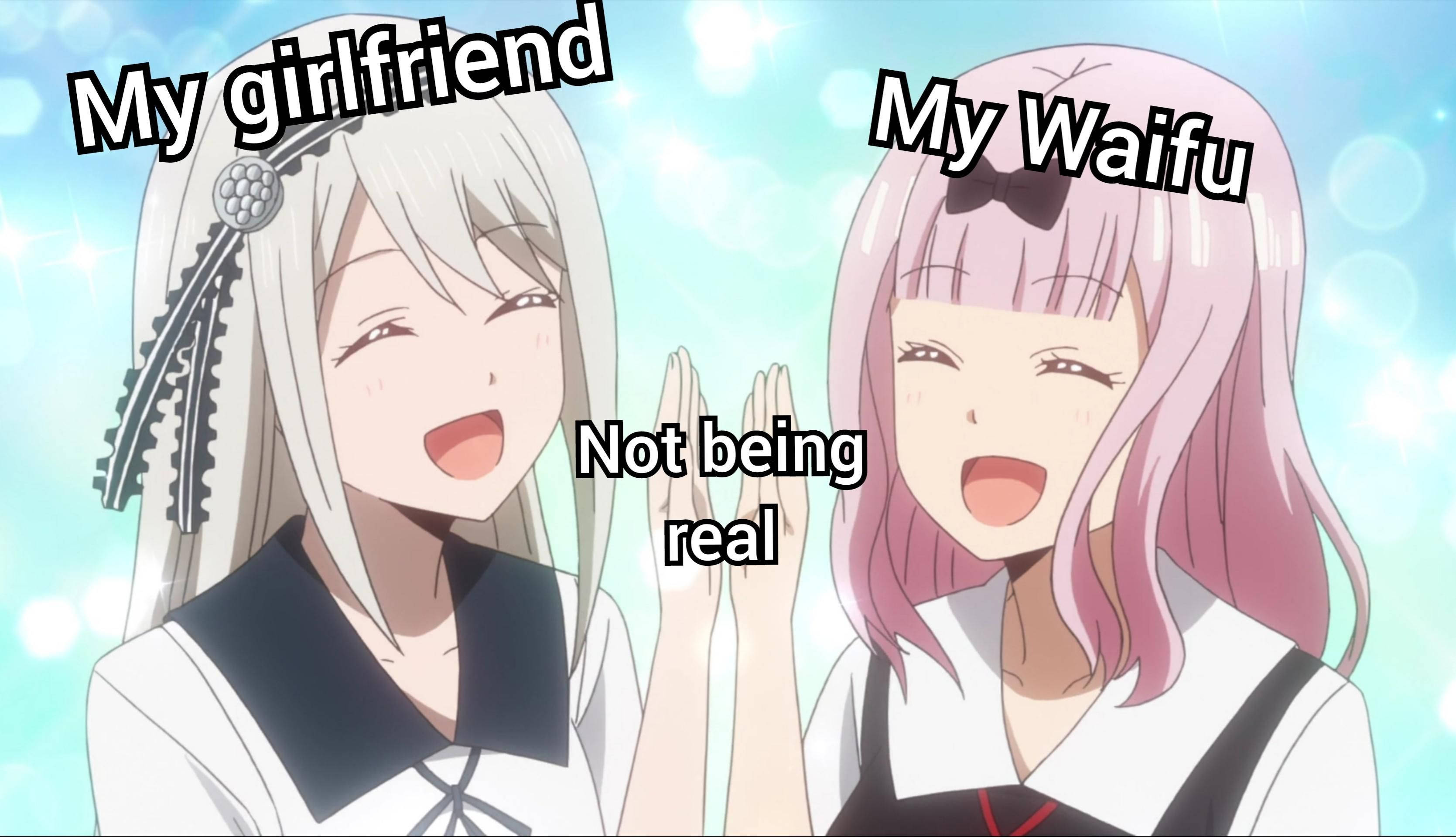 Anime Meme Imaginary Girl, school uniforms, sparkling blue background, 2K Desktop Wallpaper