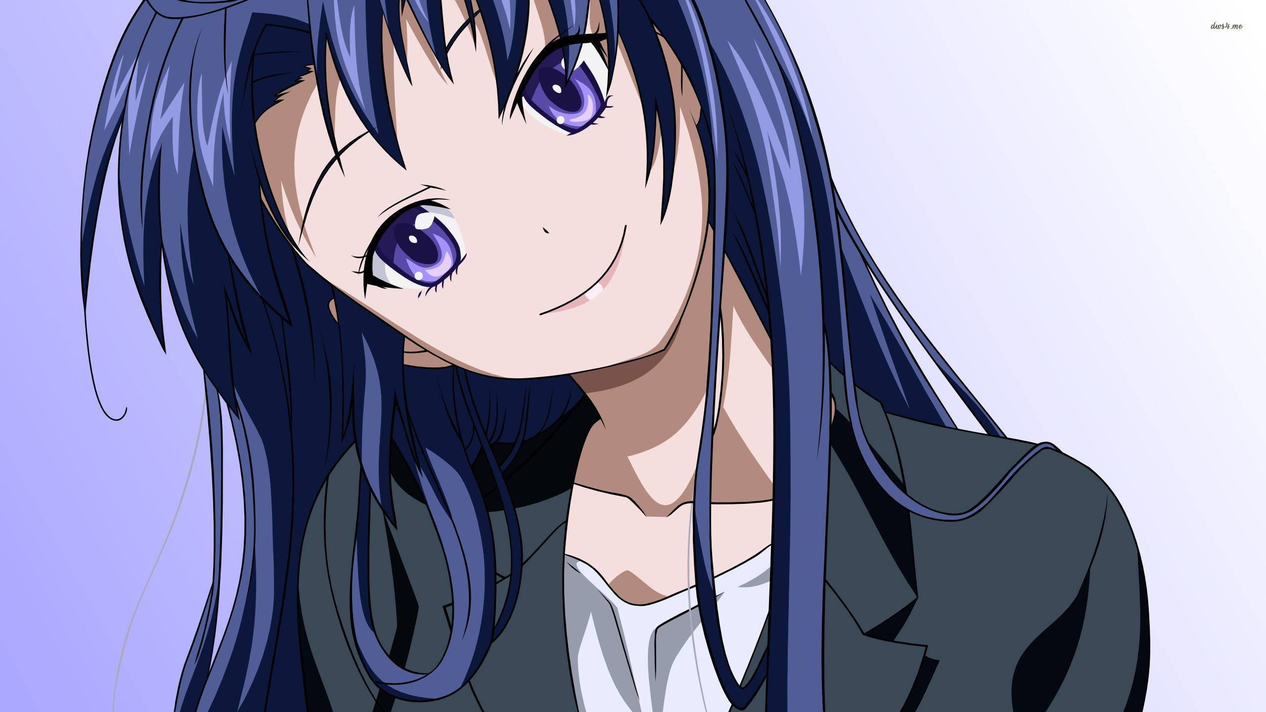 Anime girl, long blue hair, purple eyes, 2K Desktop Wallpaper