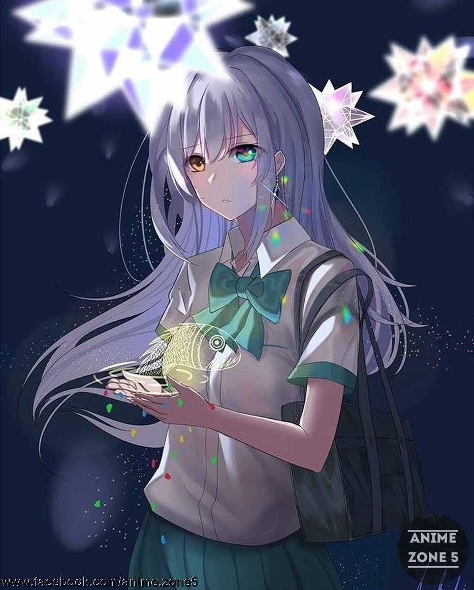silver-haired anime girl, school uniform, glowing fish, SD Phone Wallpaper