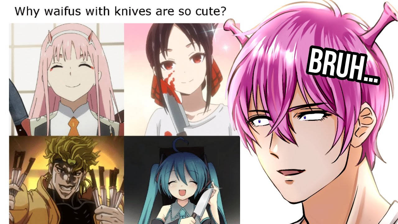 Anime Meme Waifu, pink-haired character, knives, HD Desktop Wallpaper