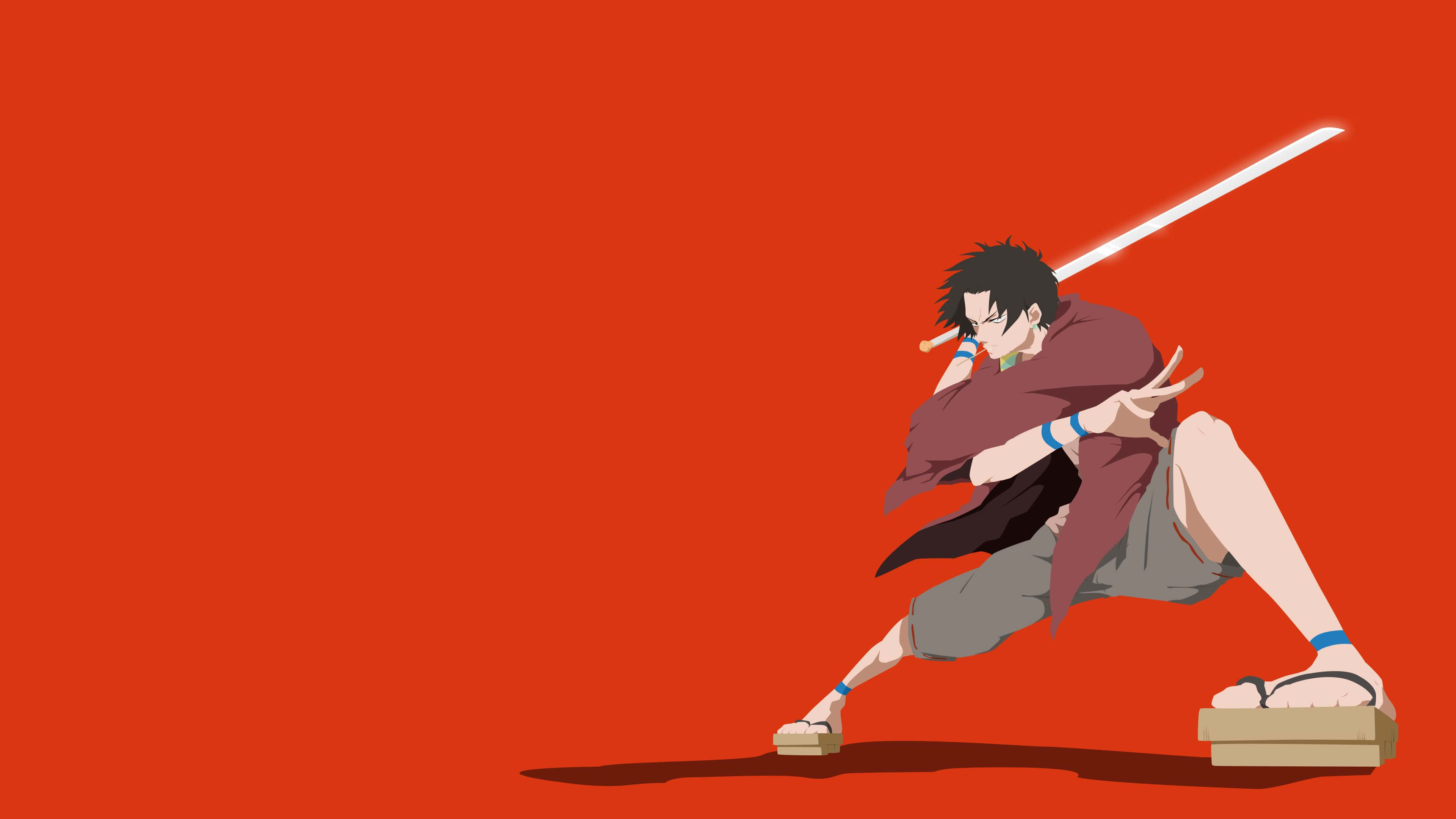 anime warrior, dynamic sword stance, solid red background, 4K Desktop Wallpaper