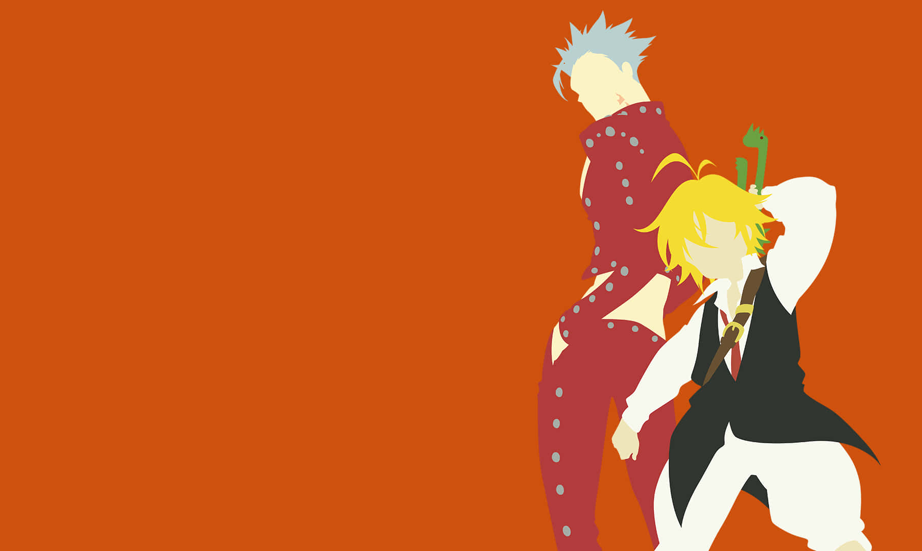 anime minimalist, two anime characters, solid orange background, HD Desktop Wallpaper