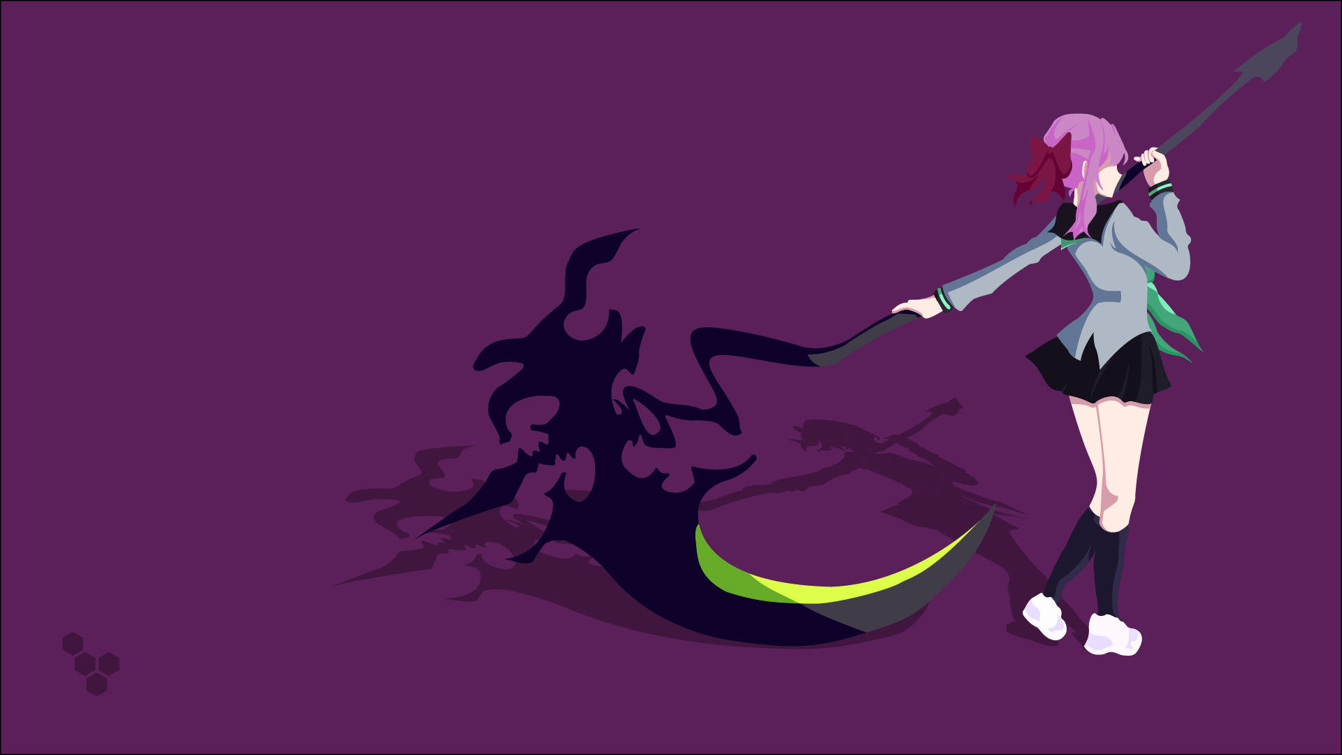 pink-haired anime girl, school uniform, glowing scythe, Full HD Desktop Wallpaper