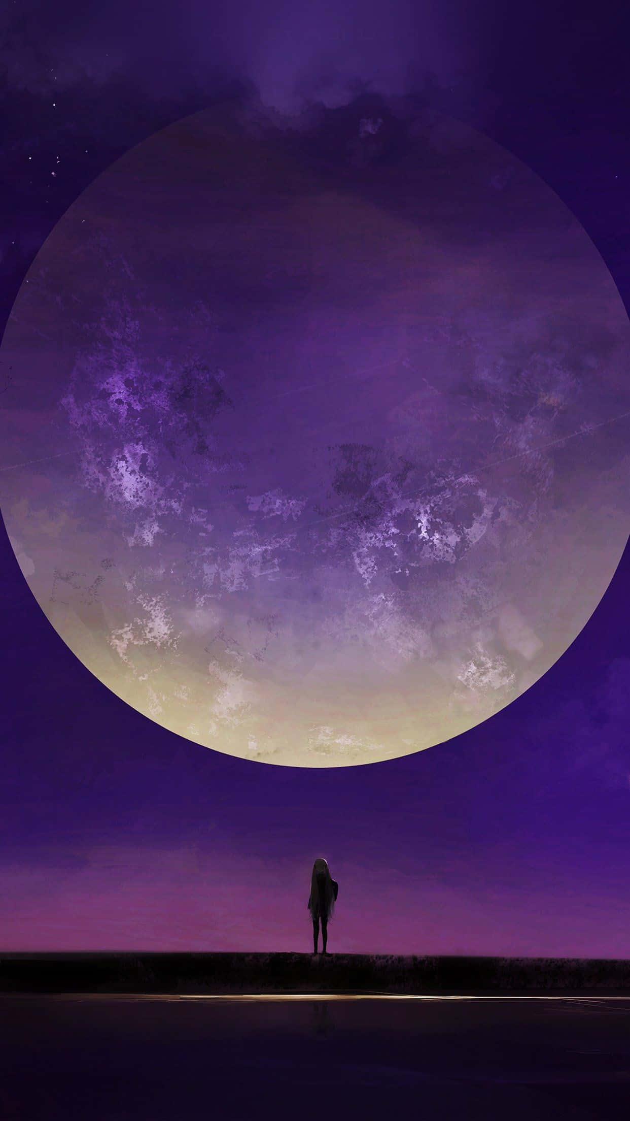 Purple Anime Moon, colossal purple moon, reflective sea, Full HD Phone Wallpaper