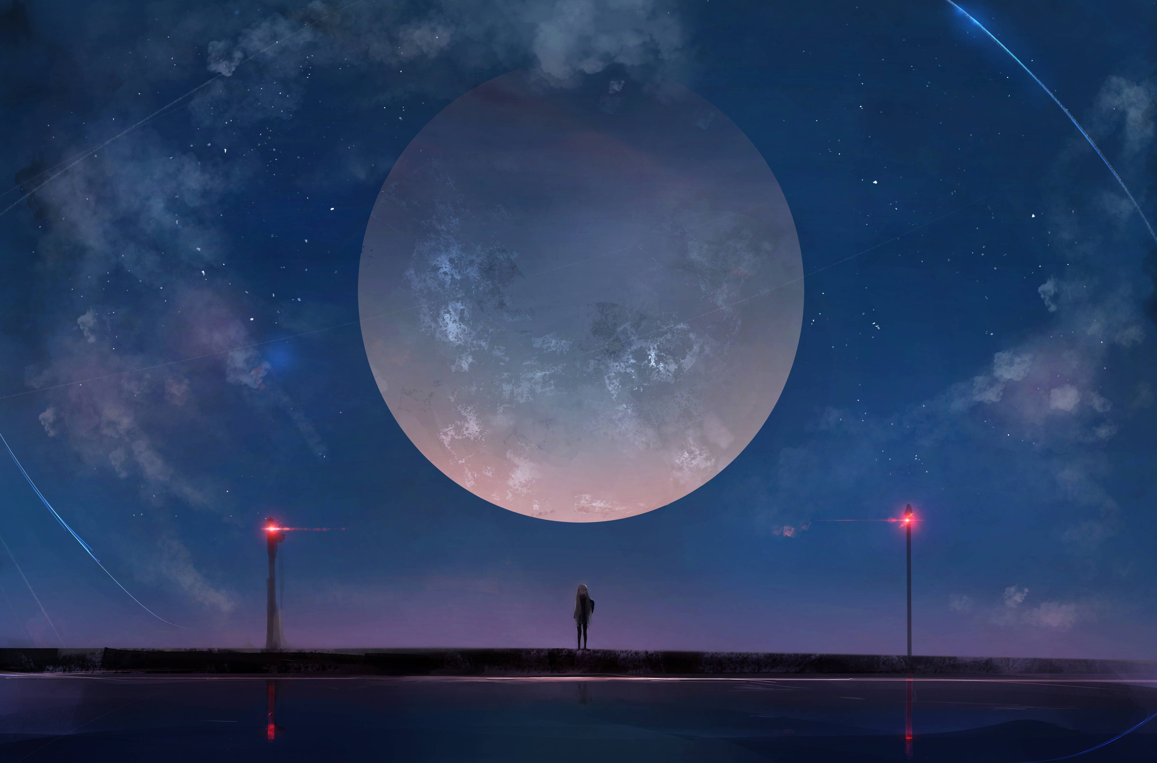 Full Moon Anime 4K, colossal moon, starry night sky, 4K Desktop Wallpaper