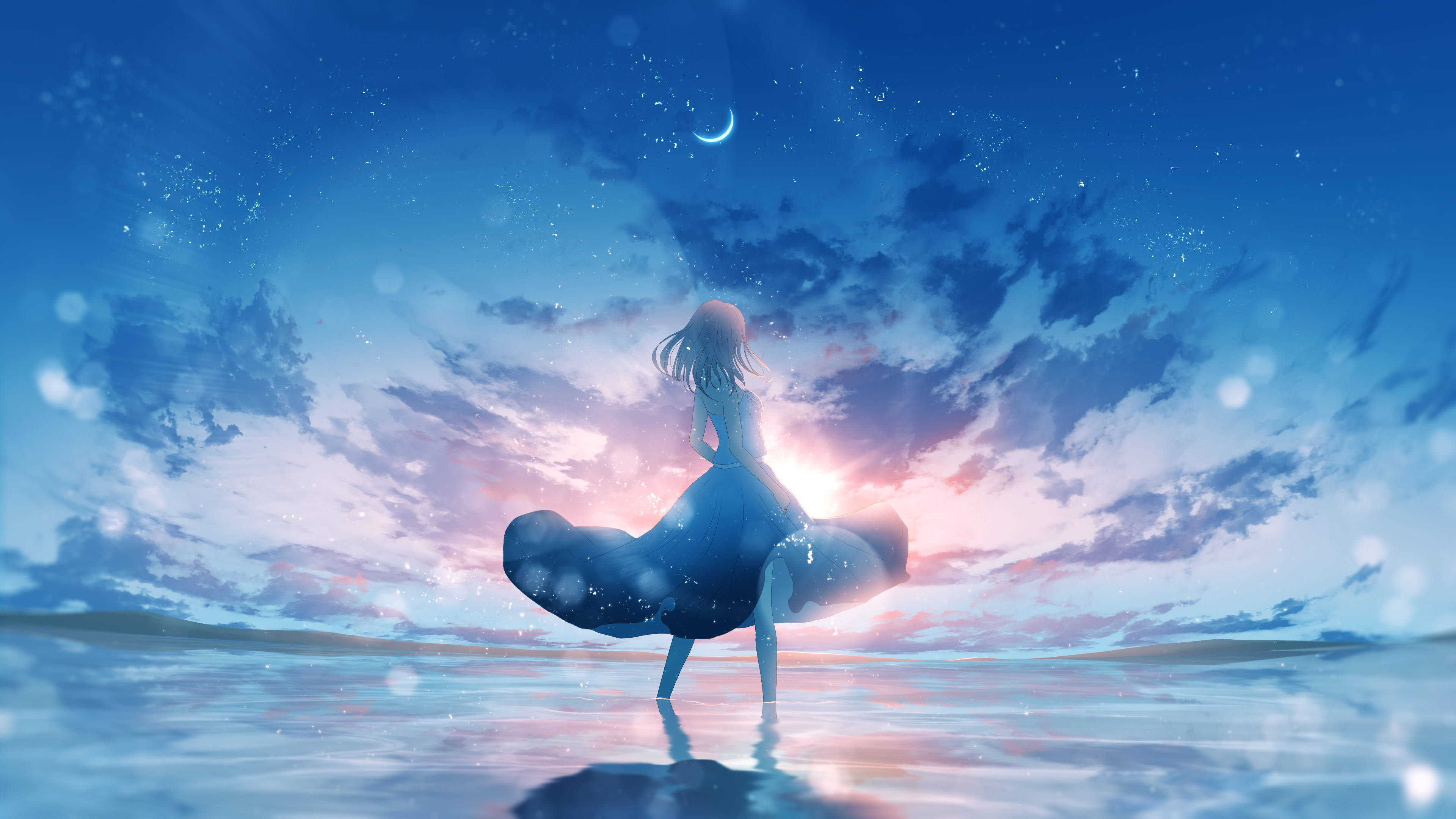 4K Anime Art, blue dress, twilight sky, 4K Desktop Wallpaper