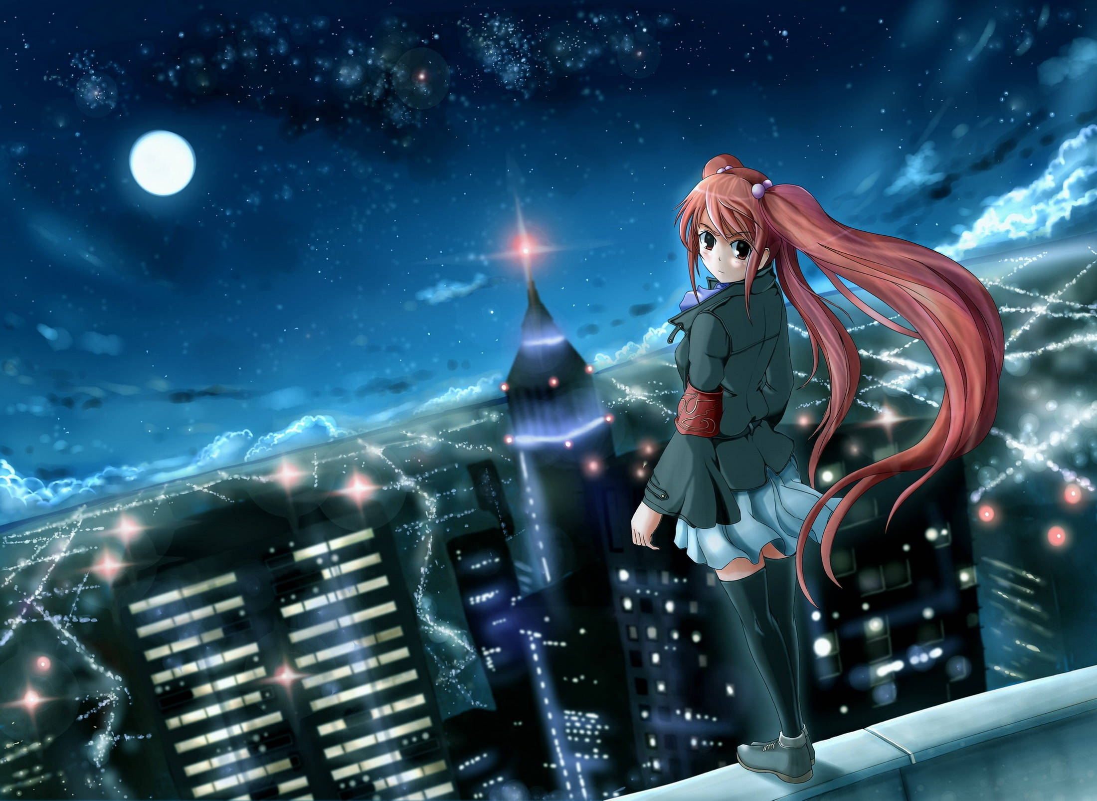 full moon, anime girl, red-haired, Full HD Desktop Wallpaper