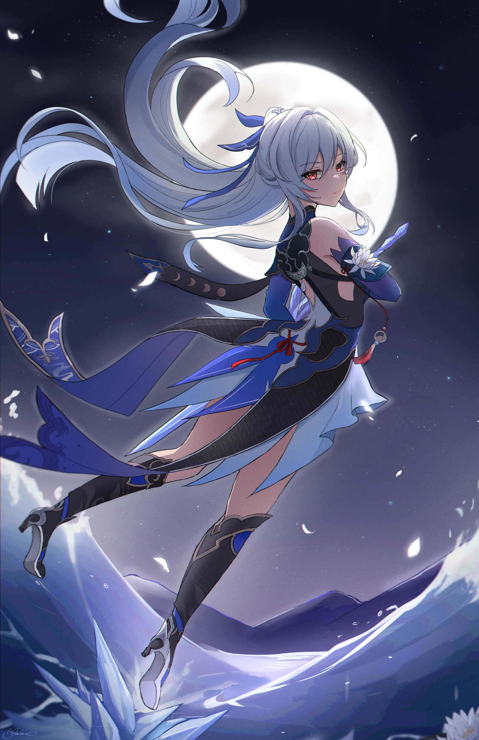 silver-haired anime girl, blue and black armor, full moon backdrop, Full HD Phone Wallpaper