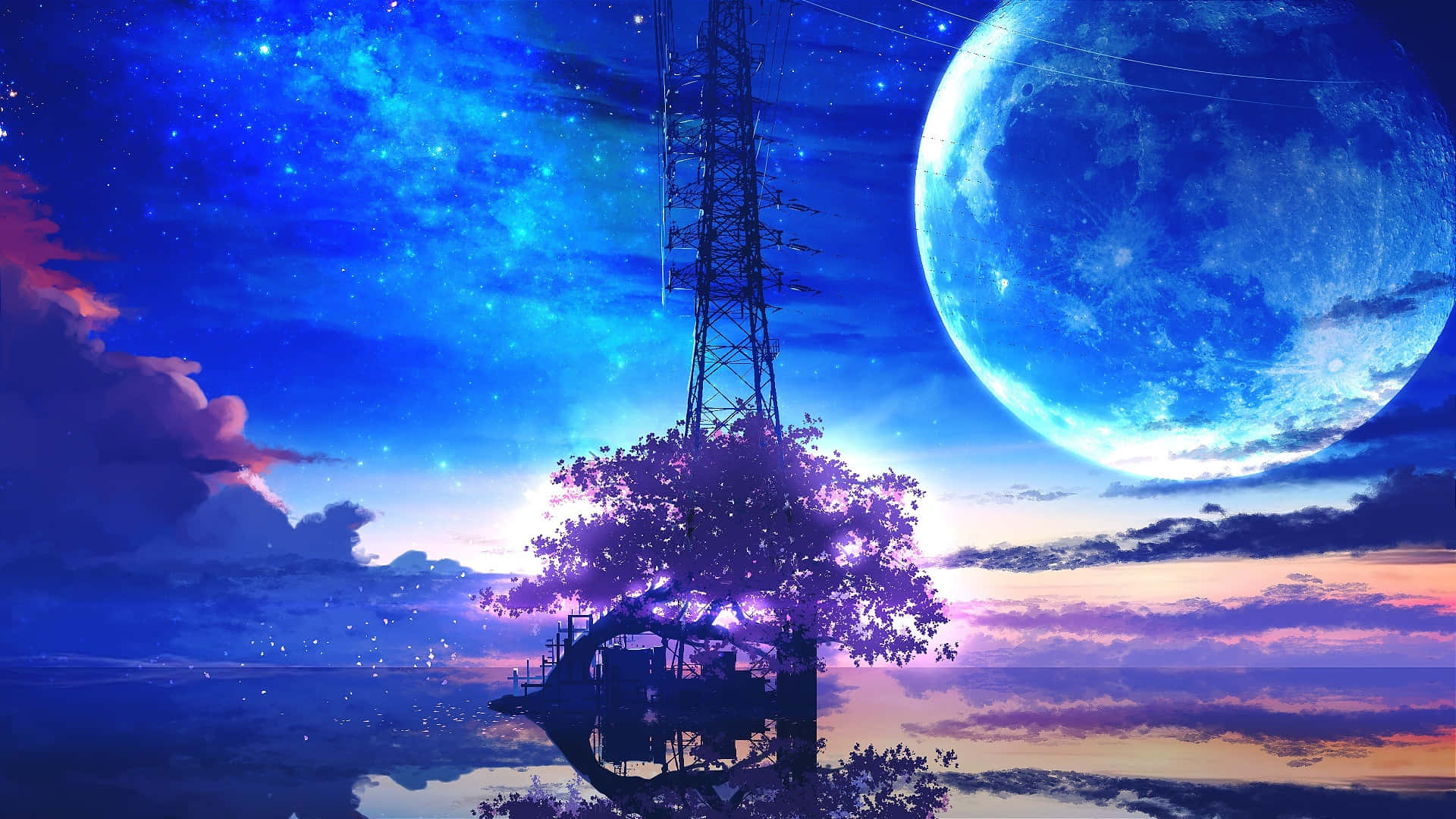 Anime Moon, glowing purple tree, house on branches, Full HD Desktop Wallpaper