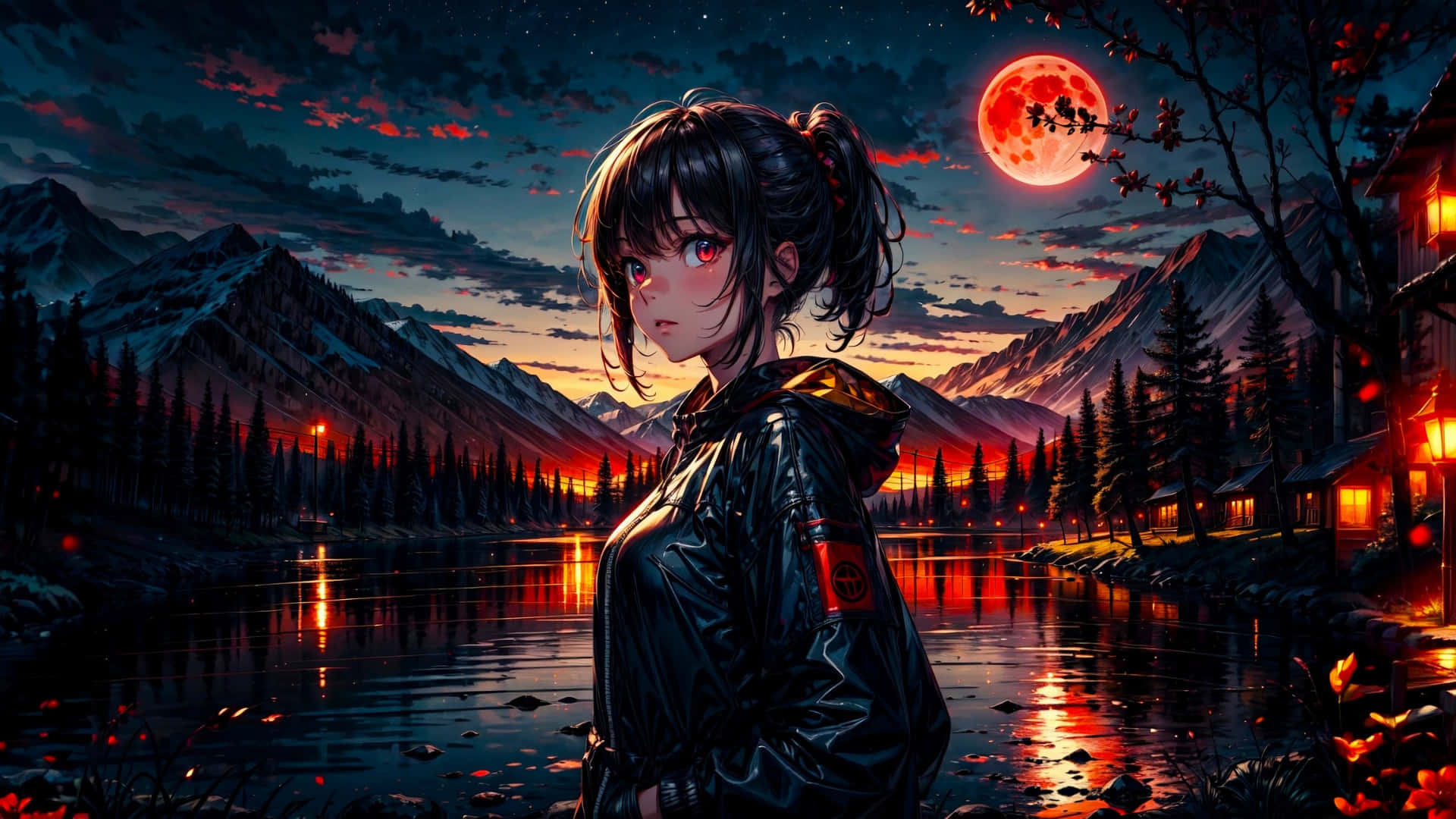 Anime Girl Under Red Moon, red moon, black jacket, Full HD Desktop Wallpaper
