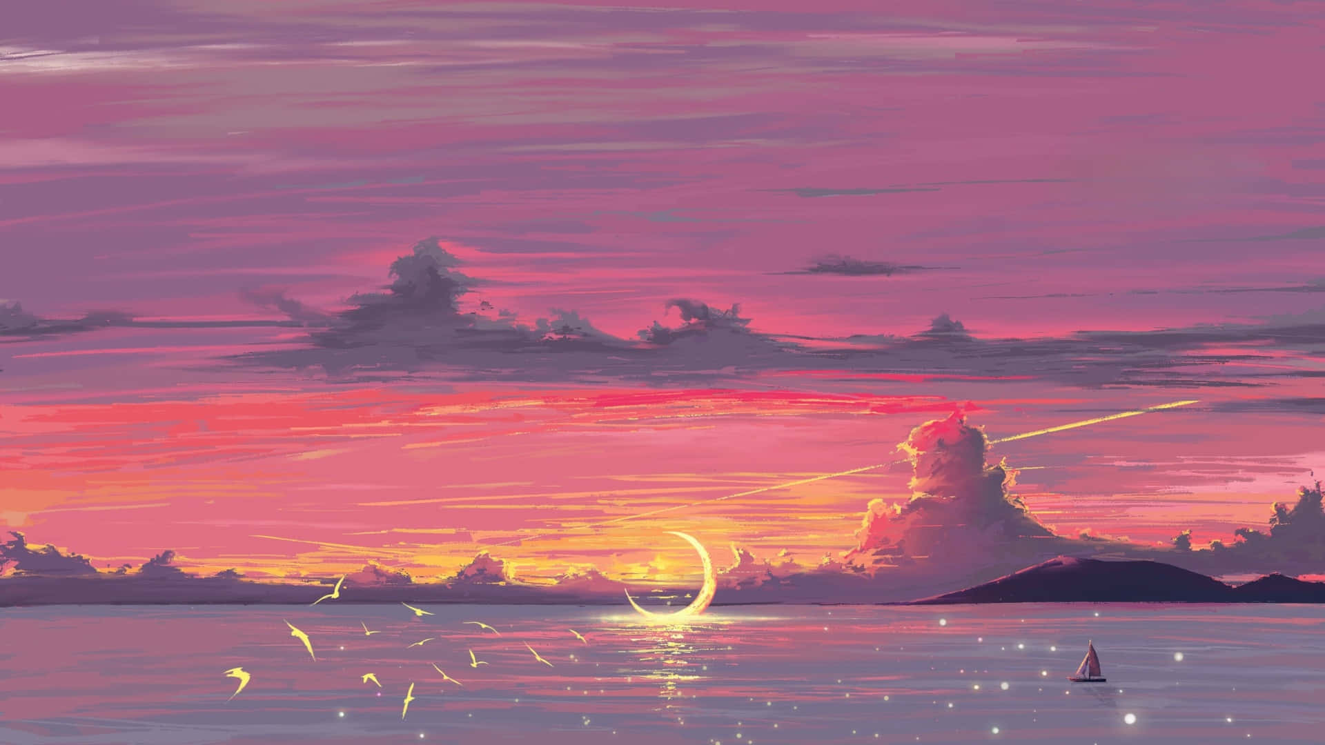 Anime Moon, crescent moon, sailboat, Full HD Desktop Wallpaper