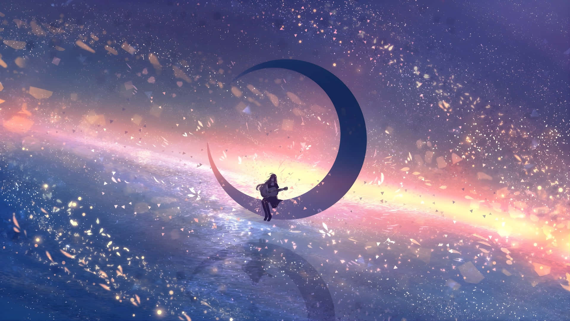 Anime Moon, crescent moon, cosmic sky, Full HD Desktop Wallpaper