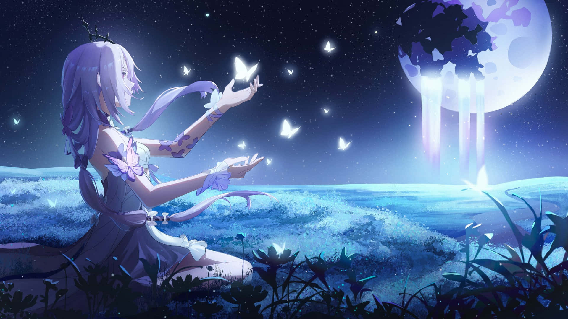 purple-haired anime girl, glowing water, white butterflies, Full HD Desktop Wallpaper